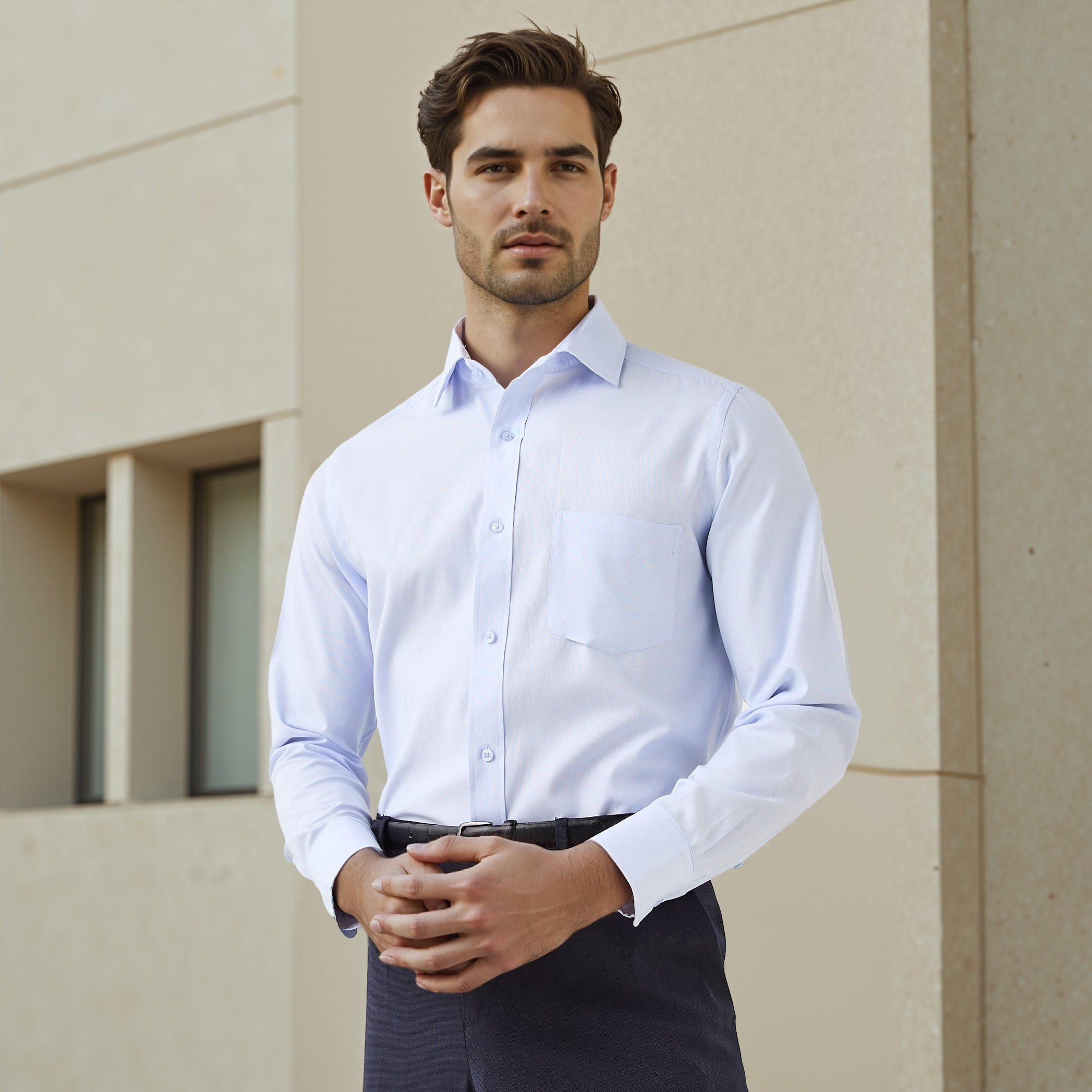 قميص مقلم بقصة عادية وياقة وجيب على الصدر-men-clothing-shirts-image-1