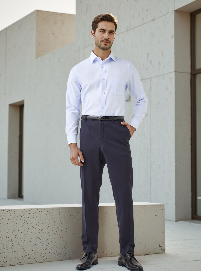 قميص مقلم بقصة عادية وياقة وجيب على الصدر-men-clothing-shirts-image-2