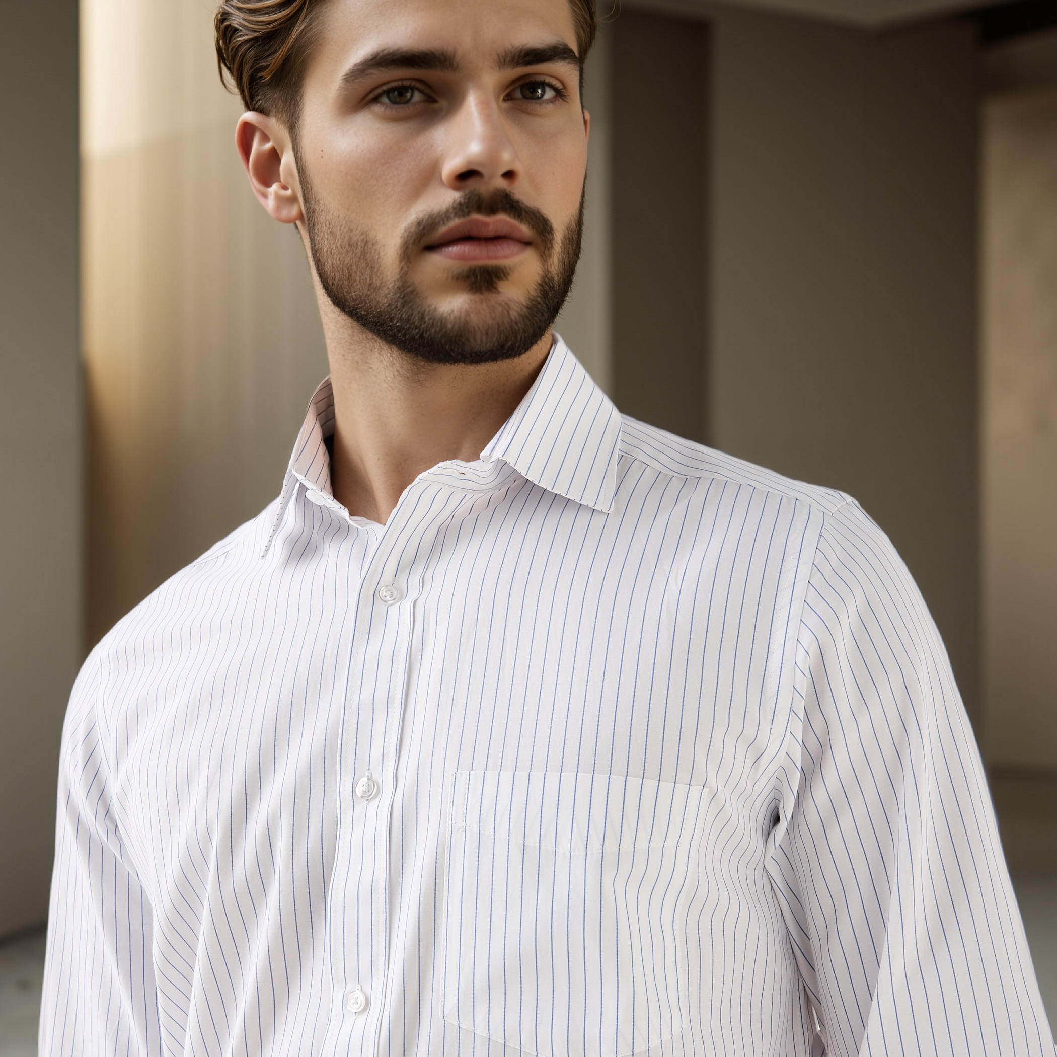 Regular Fit Striped Collared Shirt with Chest Pocket-men-clothing-shirts-image-4