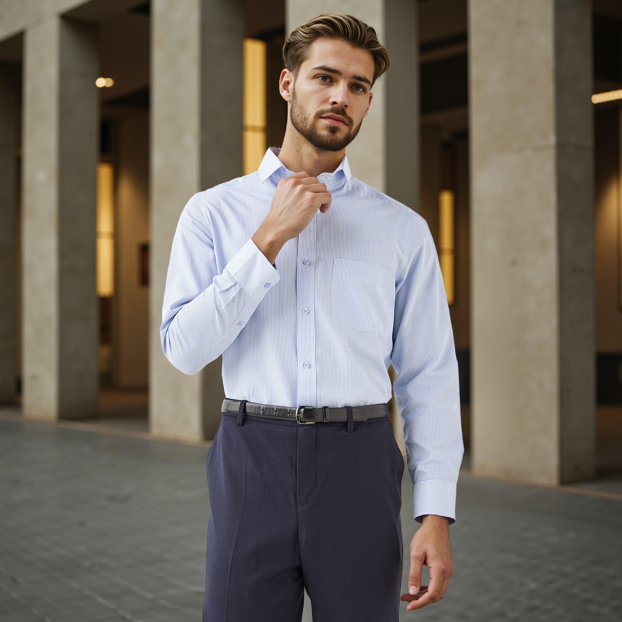 Regular Fit Striped Collared Shirt with Chest Pocket-men-clothing-shirts-image-1