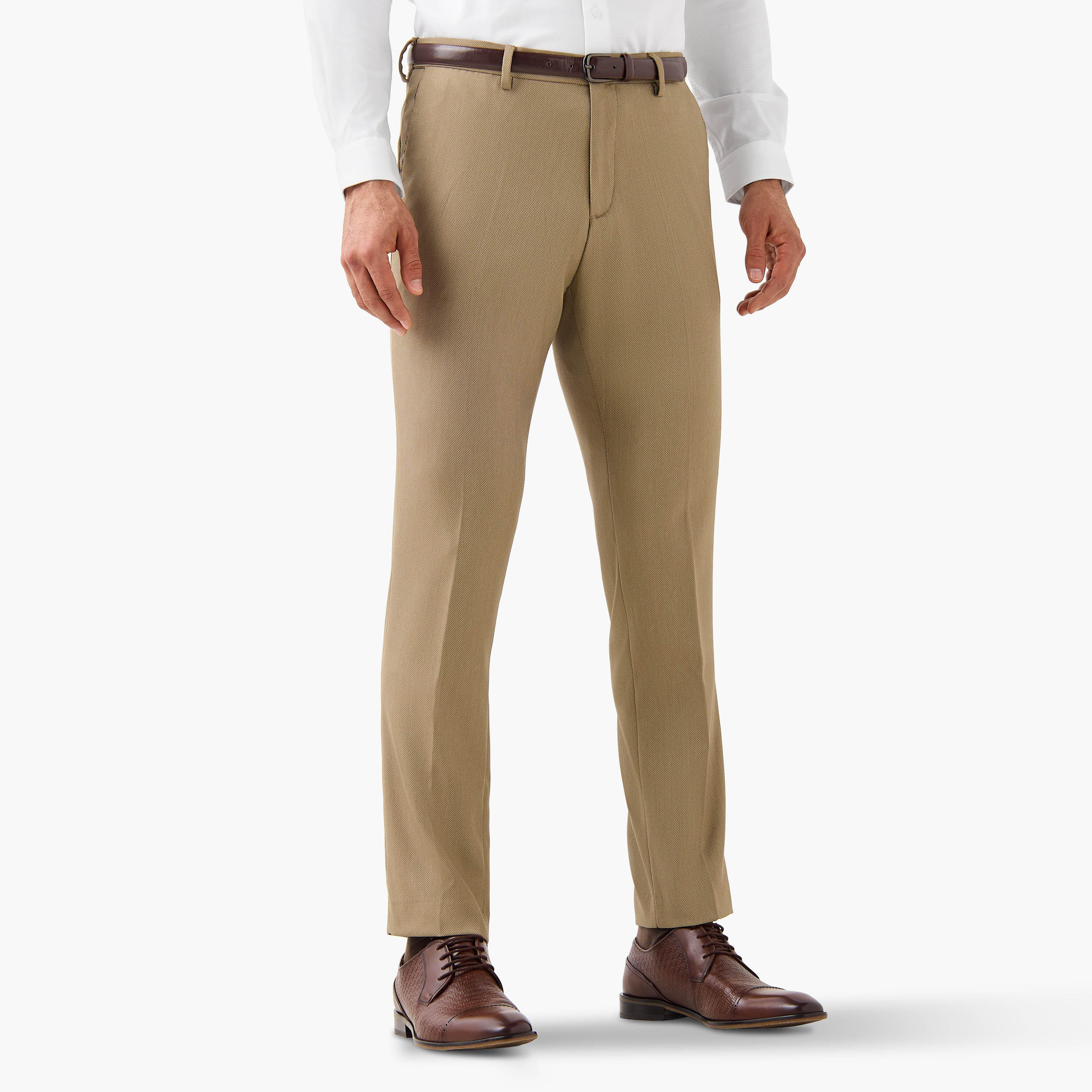 Slim Fit Belted Flexi Waist Formal Trousers with Pockets-men-clothing-bottoms-trousersandchinos-trousers-image-1