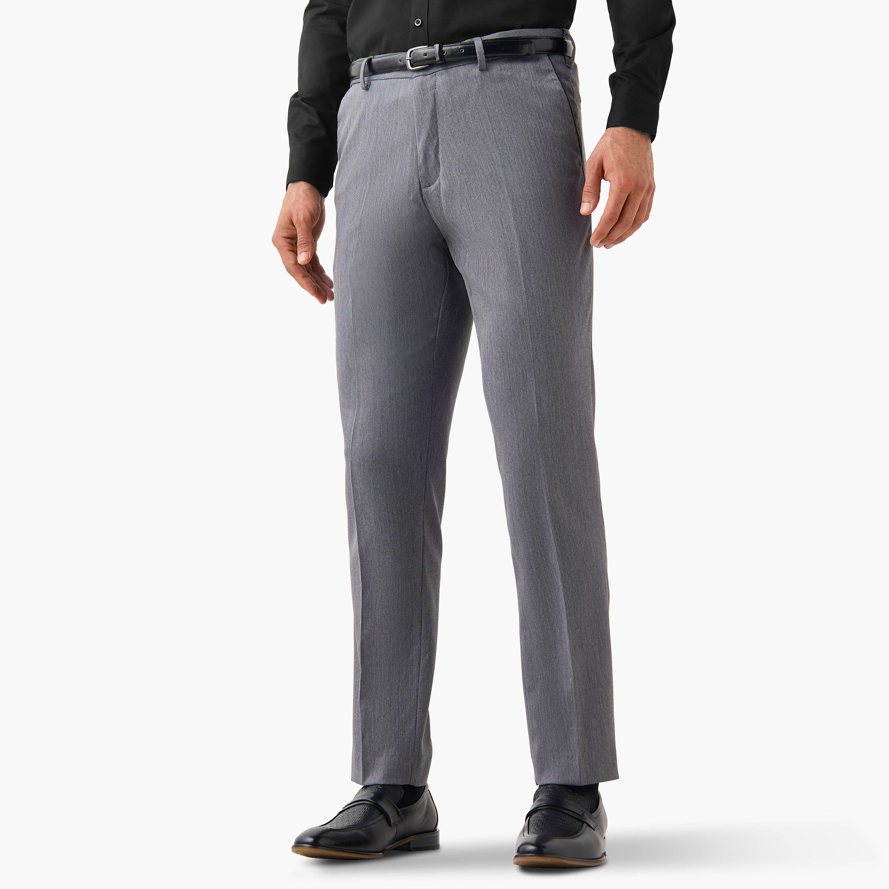 Slim Fit Belted Flexi Waist Formal Trousers with Pockets-men-clothing-bottoms-trousersandchinos-trousers-image-1