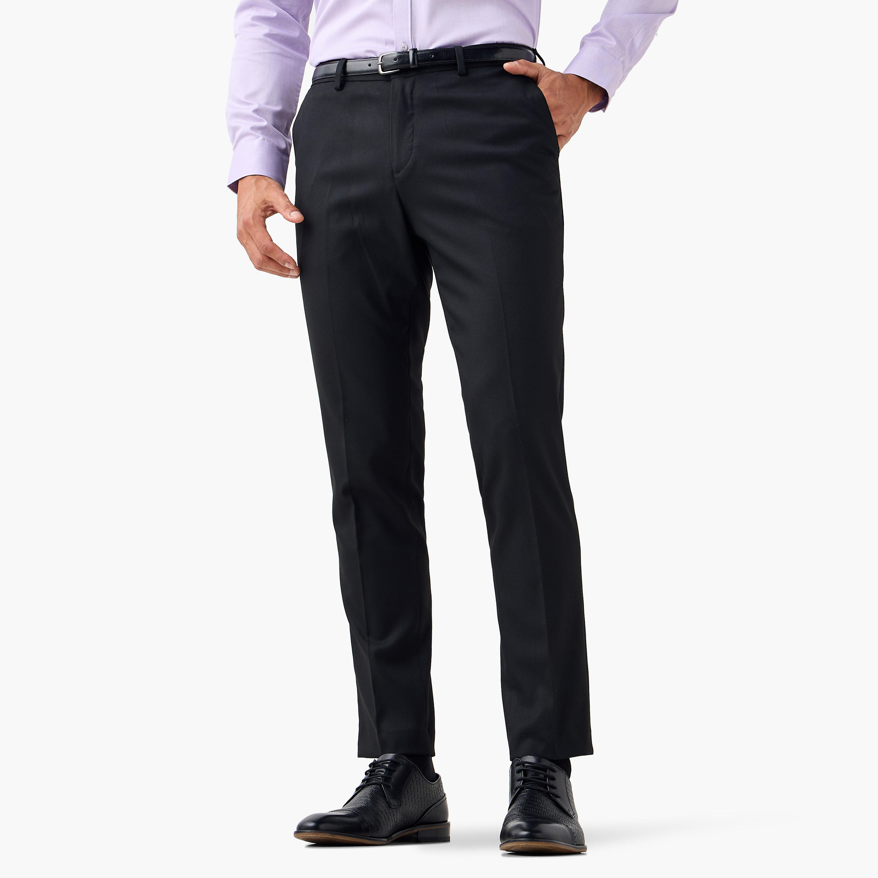 Slim Fit Belted Flexi Waist Formal Trousers with Pockets-men-clothing-bottoms-trousersandchinos-trousers-image-1