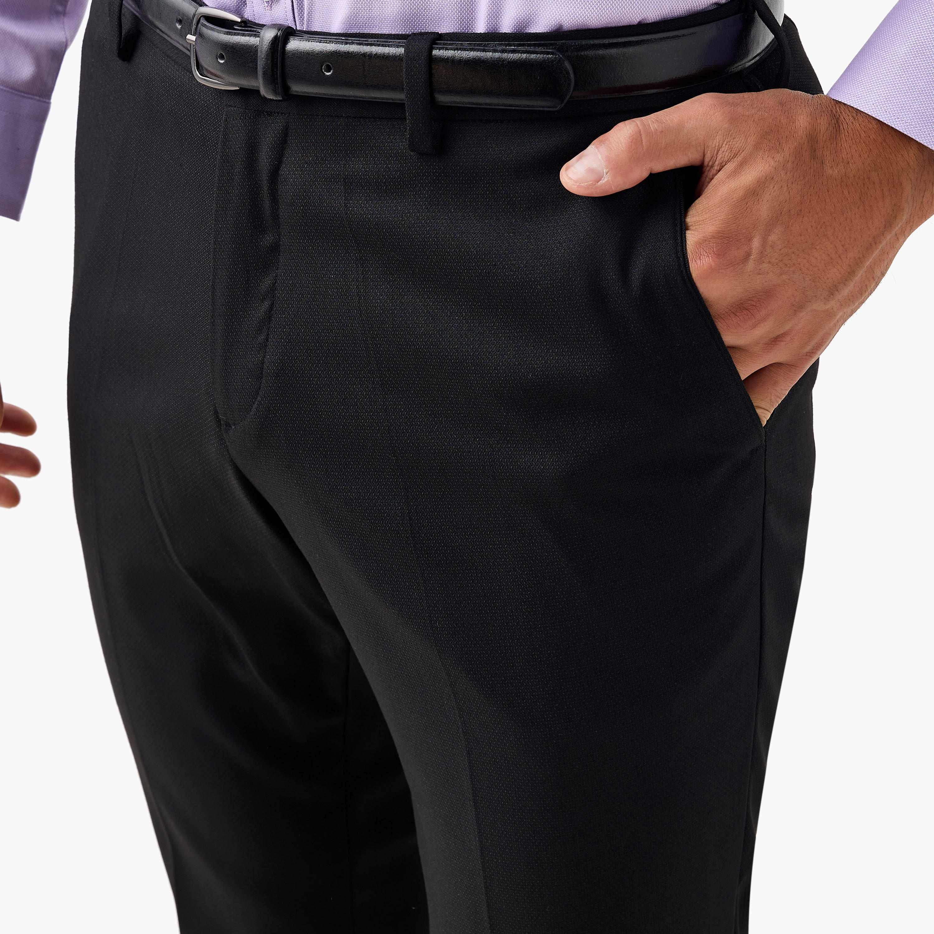 Slim Fit Belted Flexi Waist Formal Trousers with Pockets-men-clothing-bottoms-trousersandchinos-trousers-image-4