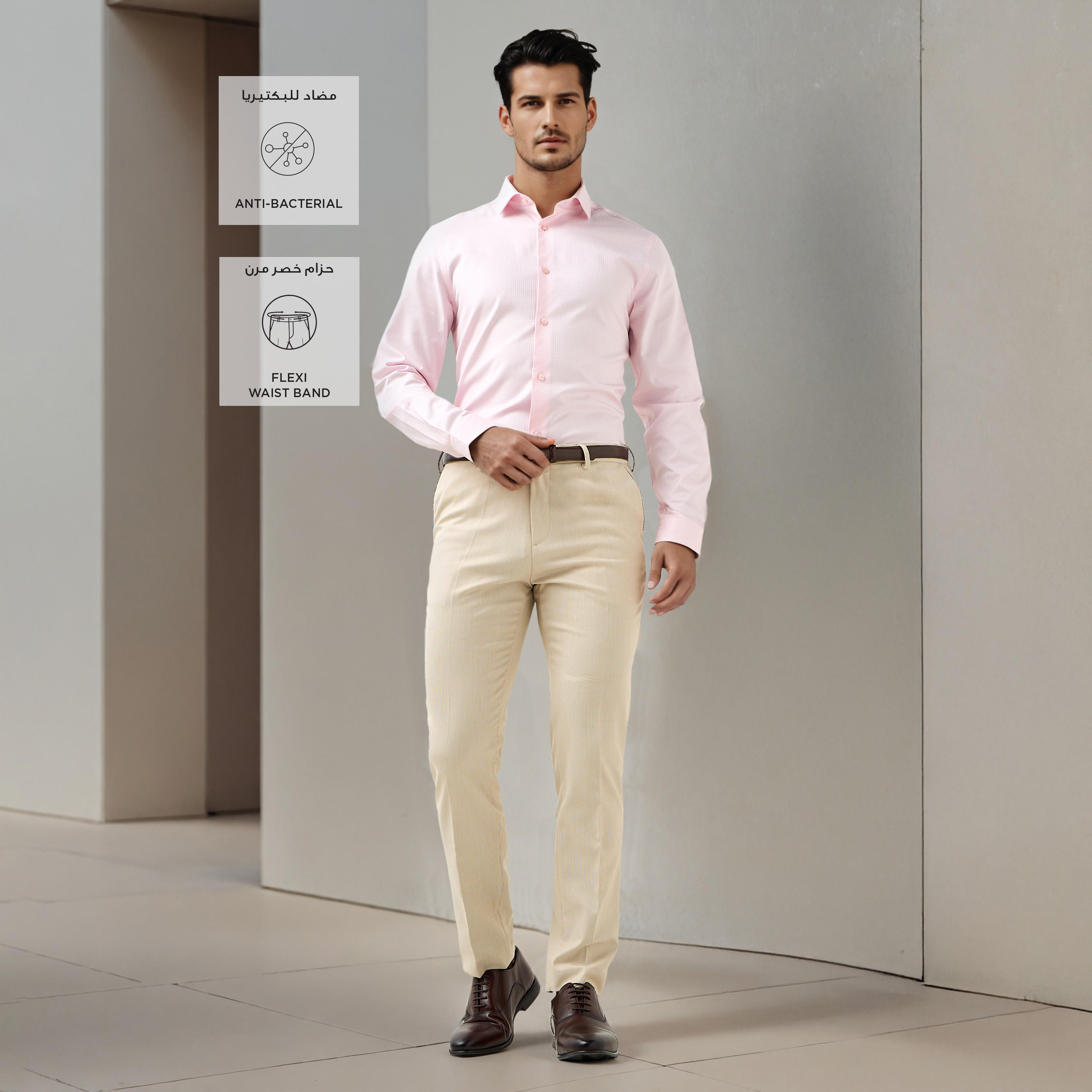 Slim Fit Belted Flexi Waist Trousers with Pockets-men-clothing-bottoms-trousersandchinos-trousers-image-2