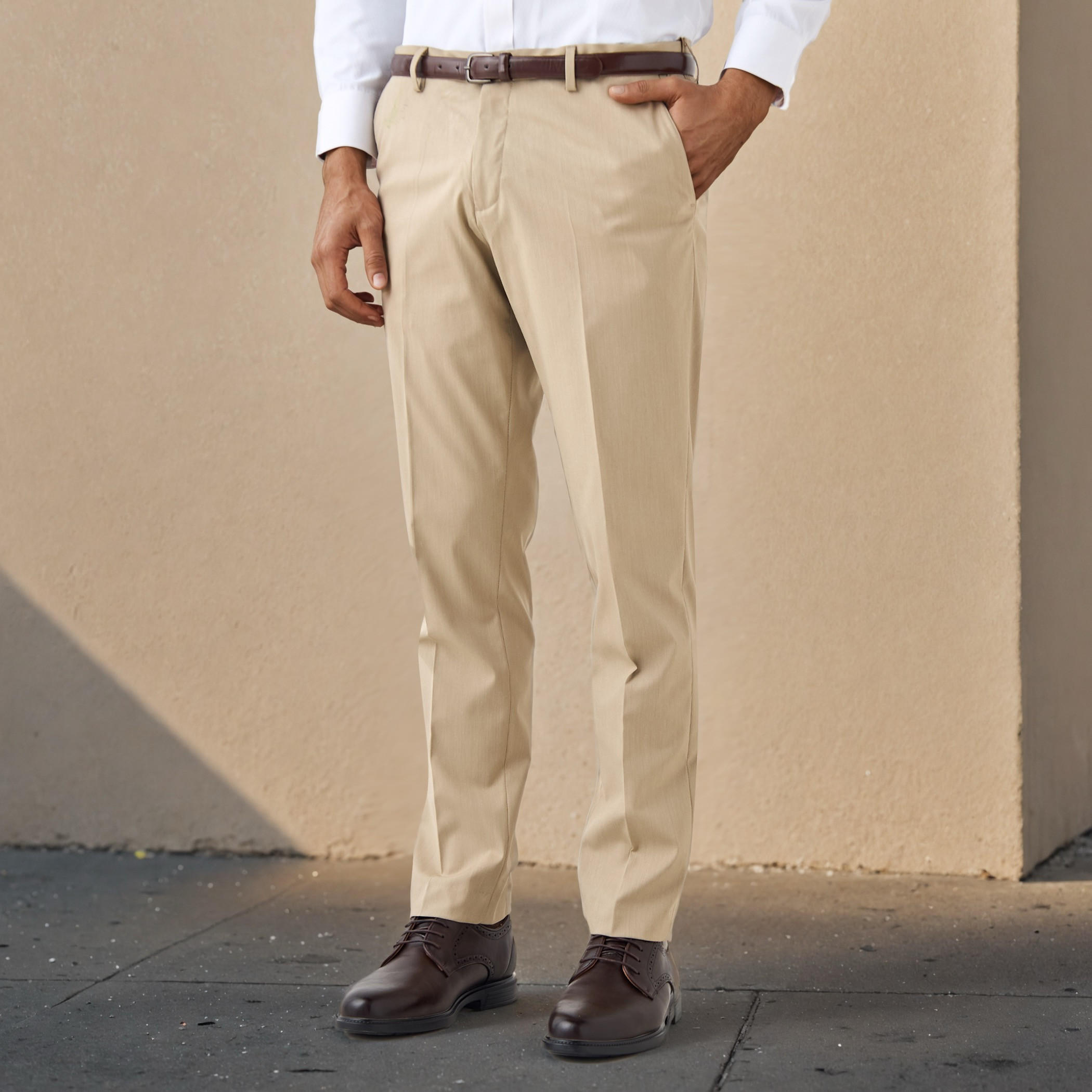 Slim Fit Belted Flexi Waist Trousers with Pockets-men-clothing-bottoms-trousersandchinos-trousers-image-1