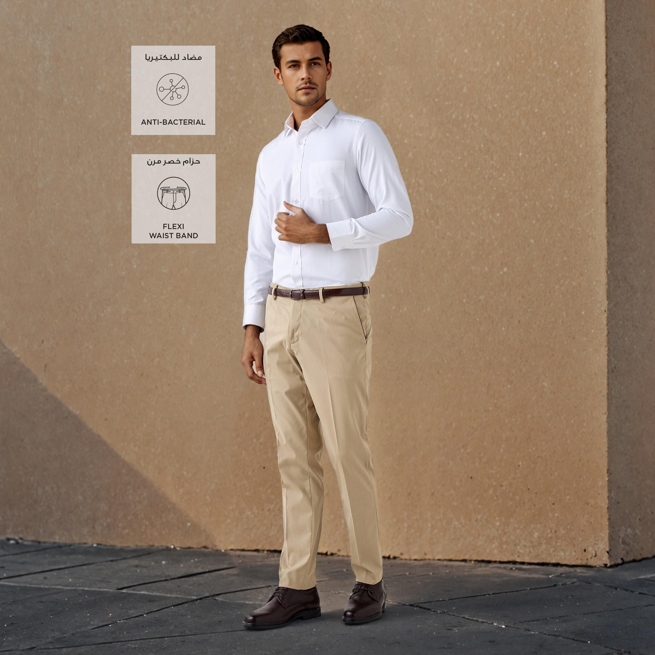 Slim Fit Belted Flexi Waist Trousers with Pockets-men-clothing-bottoms-trousersandchinos-trousers-image-2