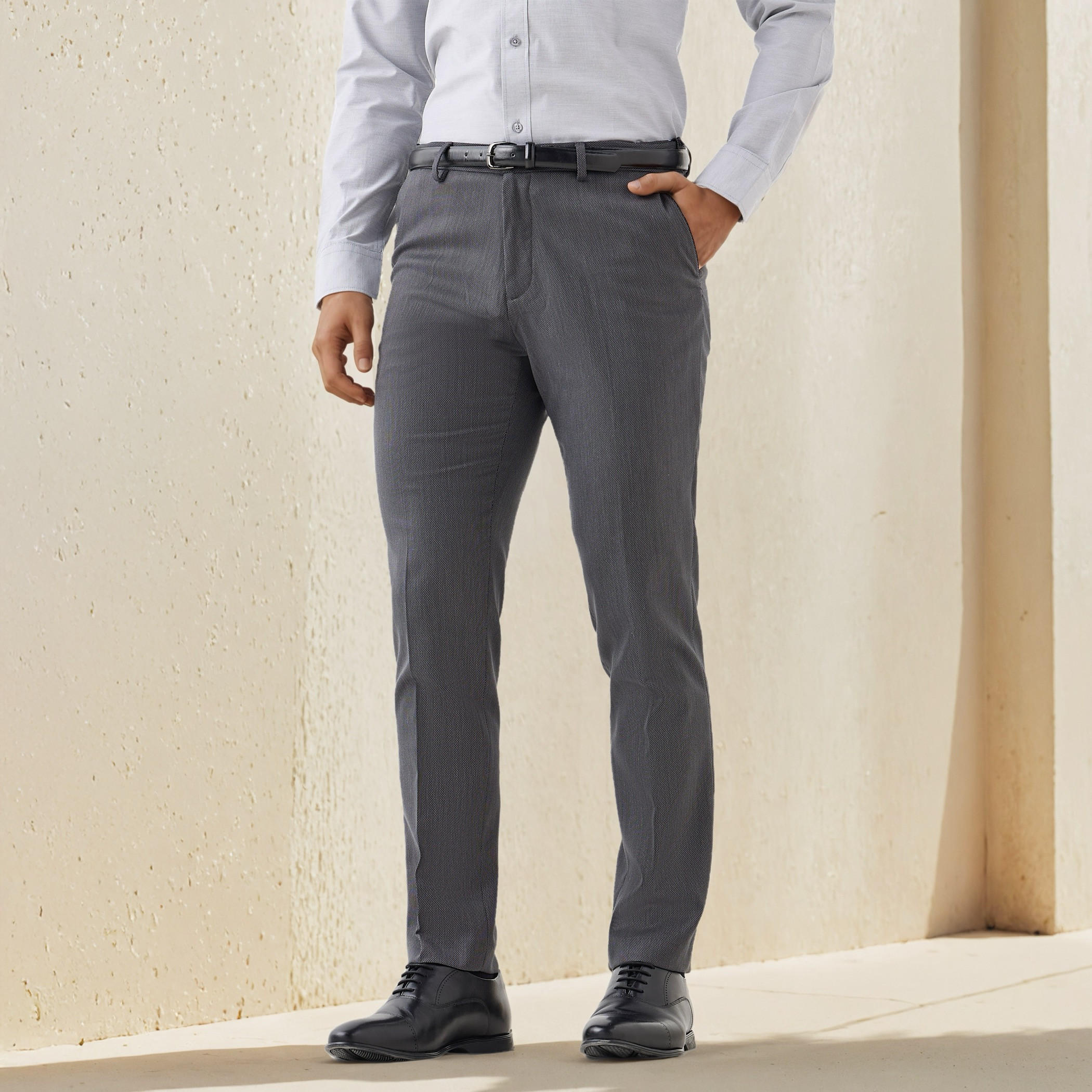 Slim Fit Belted Flexi Waist Trousers with Pockets-men-clothing-bottoms-trousersandchinos-trousers-image-1