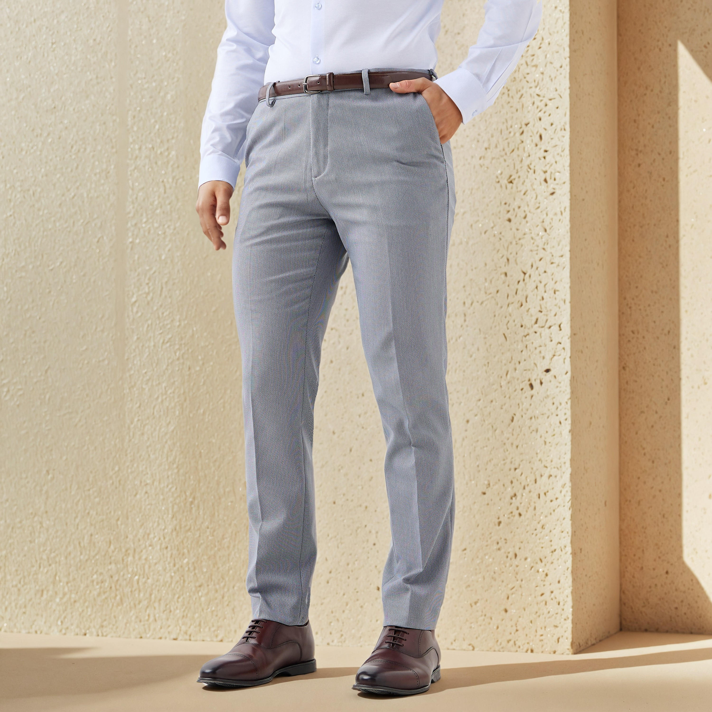 Slim Fit Belted Flexi Waist Trousers with Pockets-men-clothing-bottoms-trousersandchinos-trousers-image-1