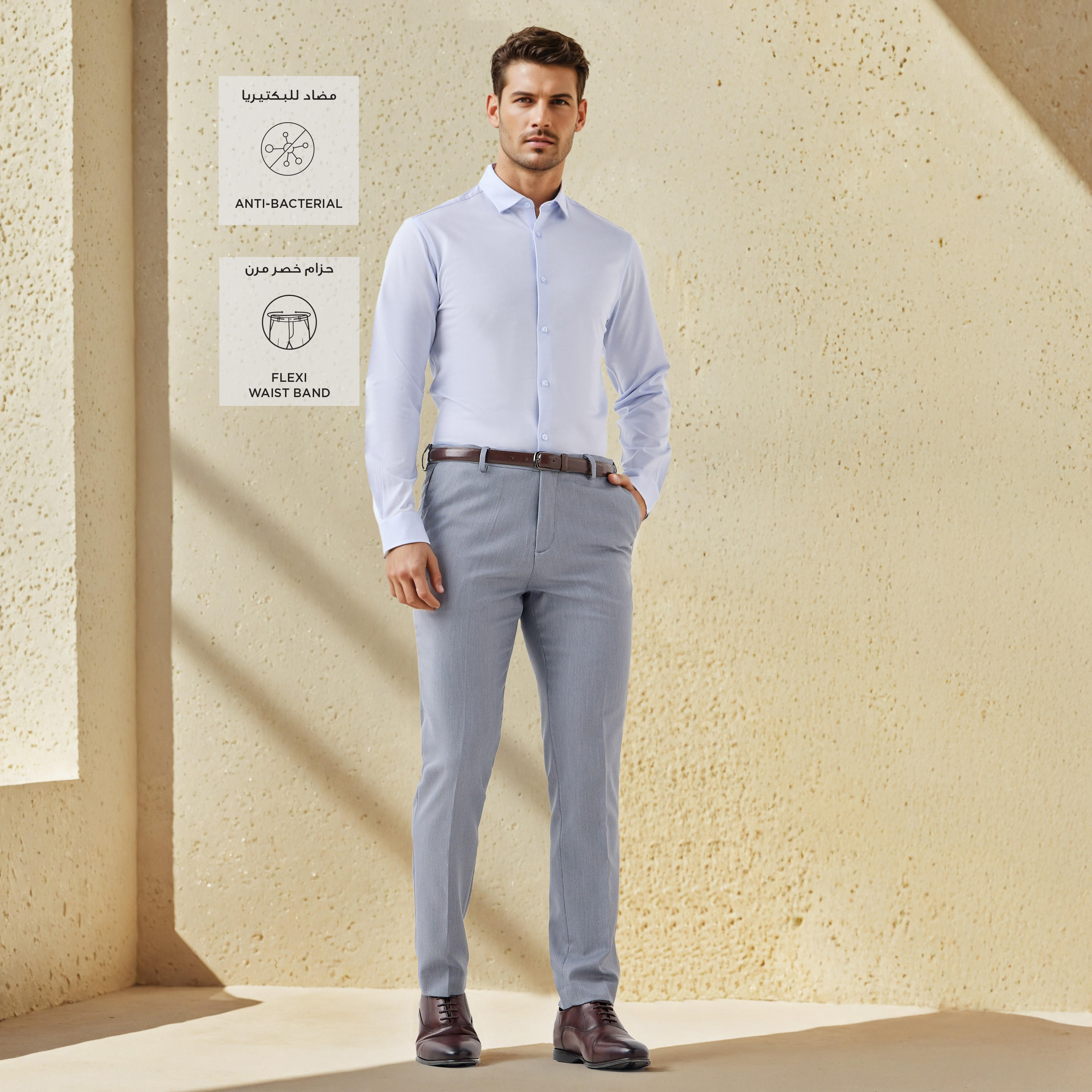 Slim Fit Belted Flexi Waist Trousers with Pockets-men-clothing-bottoms-trousersandchinos-trousers-image-2