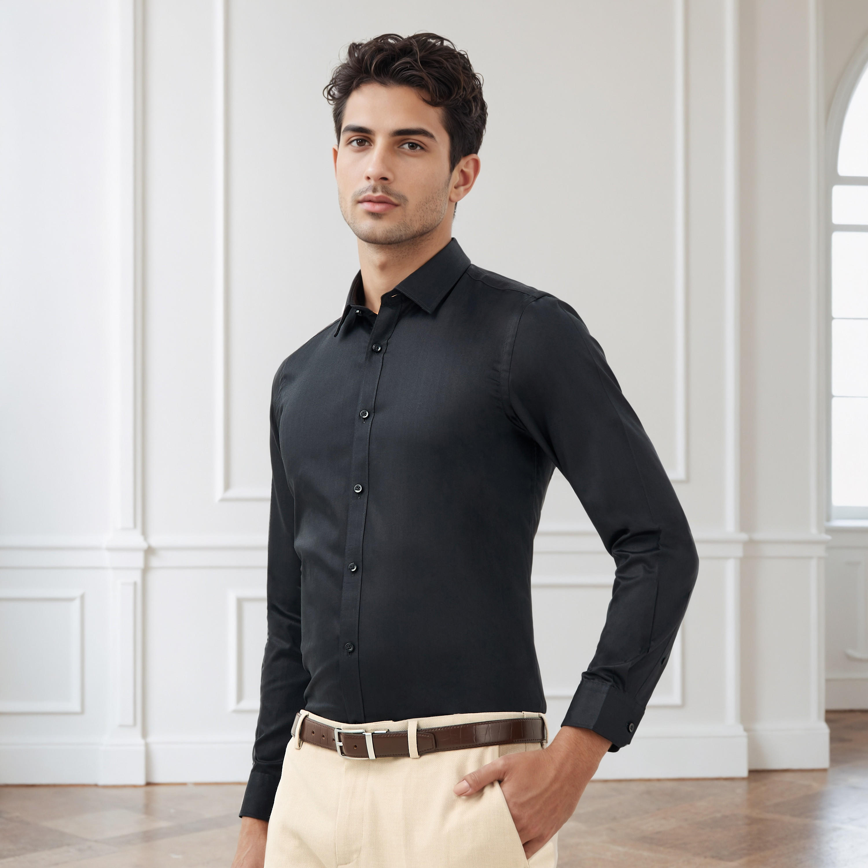 Regular Fit Textured Collared Shirt with Long Sleeves-men-clothing-shirts-image-1