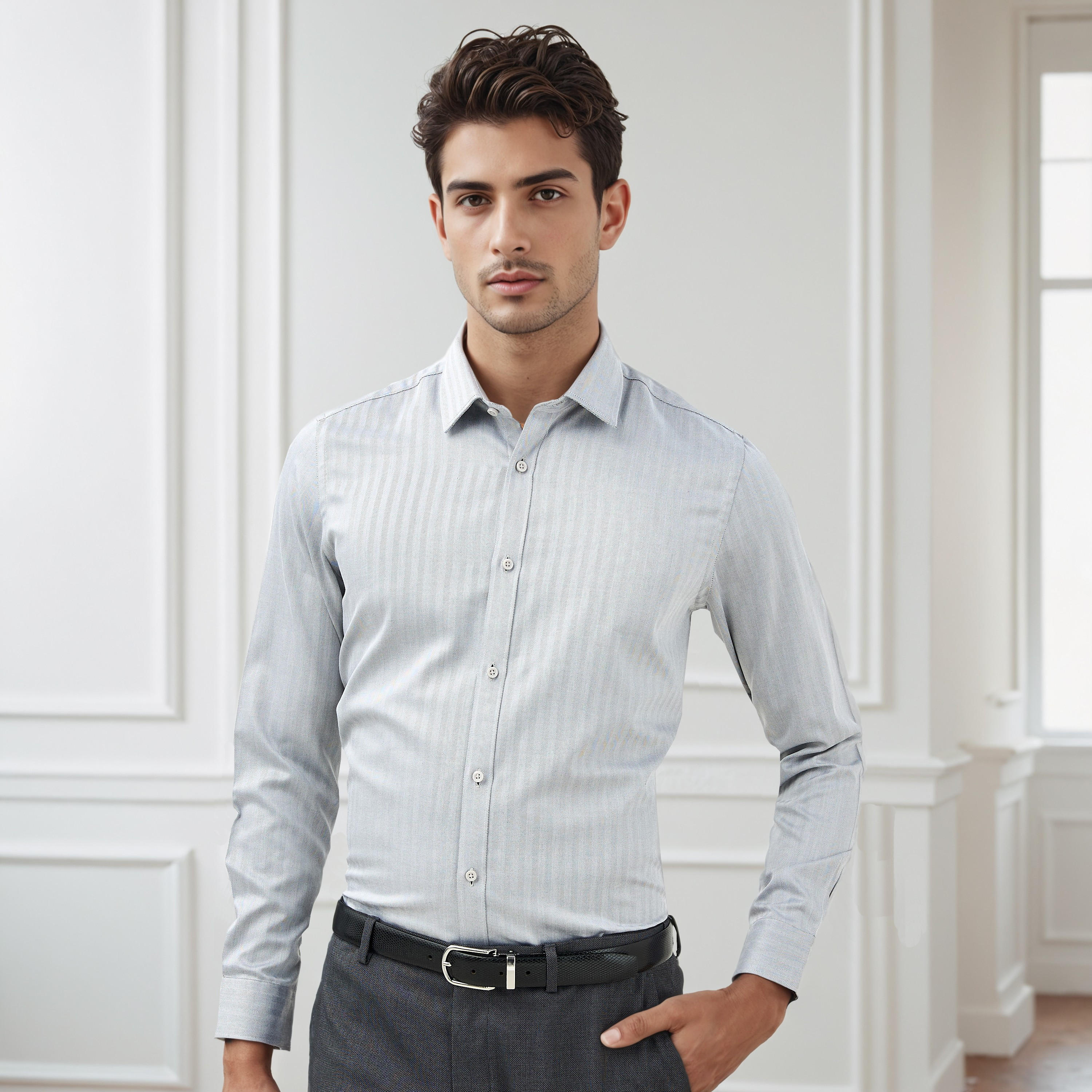 Regular Fit Textured Collared Shirt with Long Sleeves-men-clothing-shirts-image-1