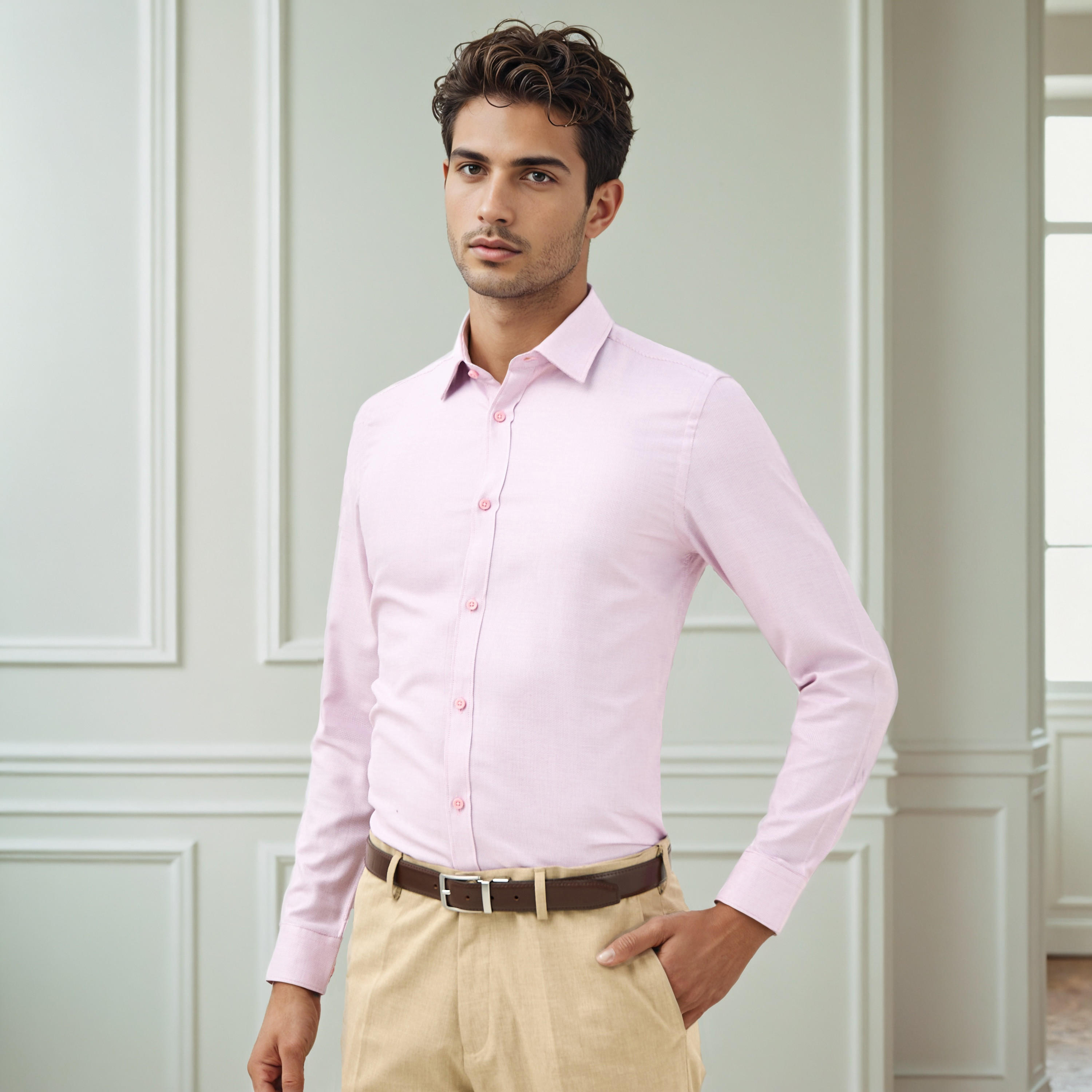 قميص بارز الملمس بياقة وقصة عادية وأكمام طويلة-men-clothing-shirts-image-1
