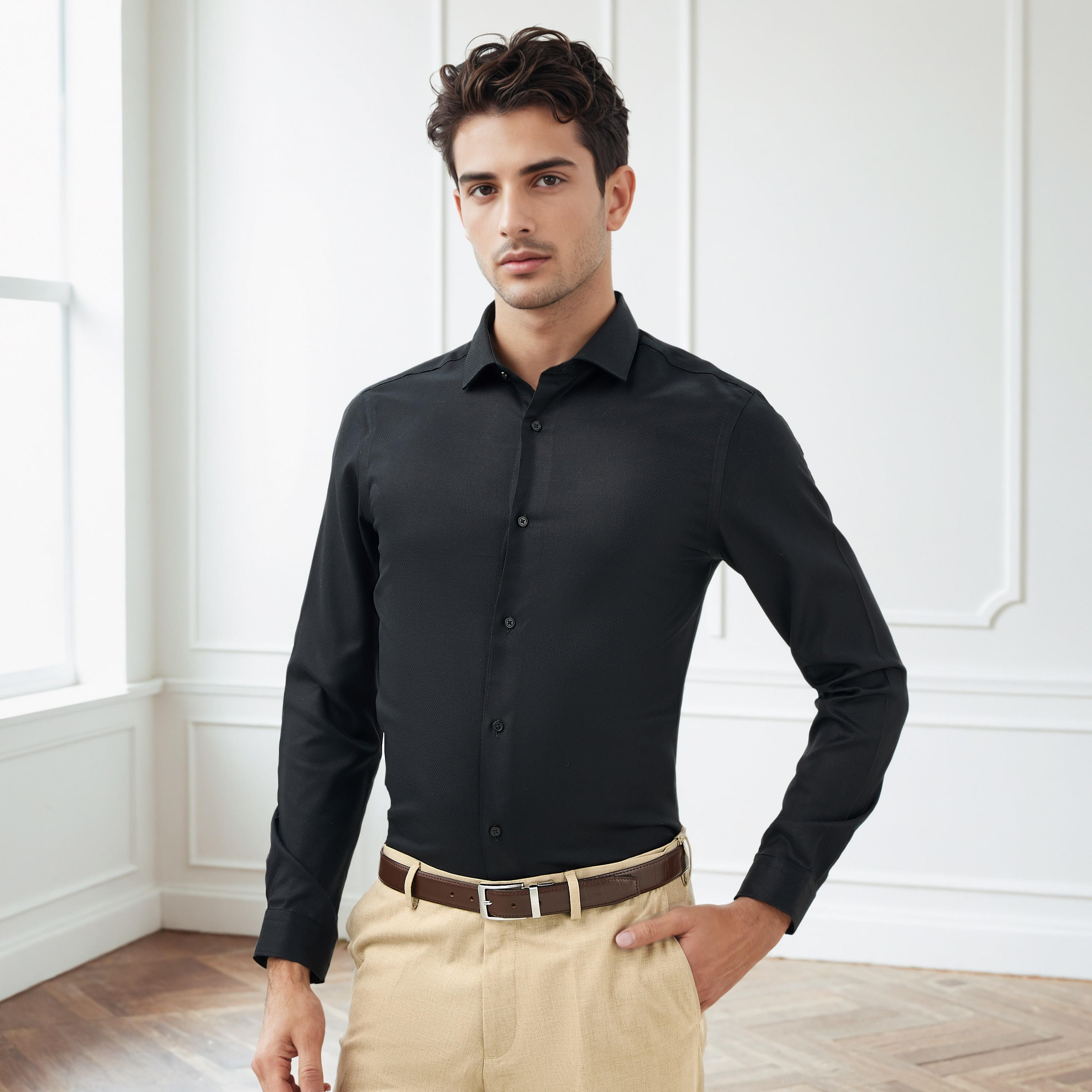 قميص دوبي بقصة ضيقة وياقة-men-clothing-shirts-image-5