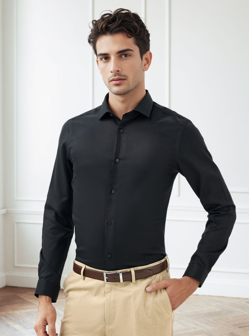 Slim Fit Dobby Shirt with Collar-men-clothing-shirts-image-1