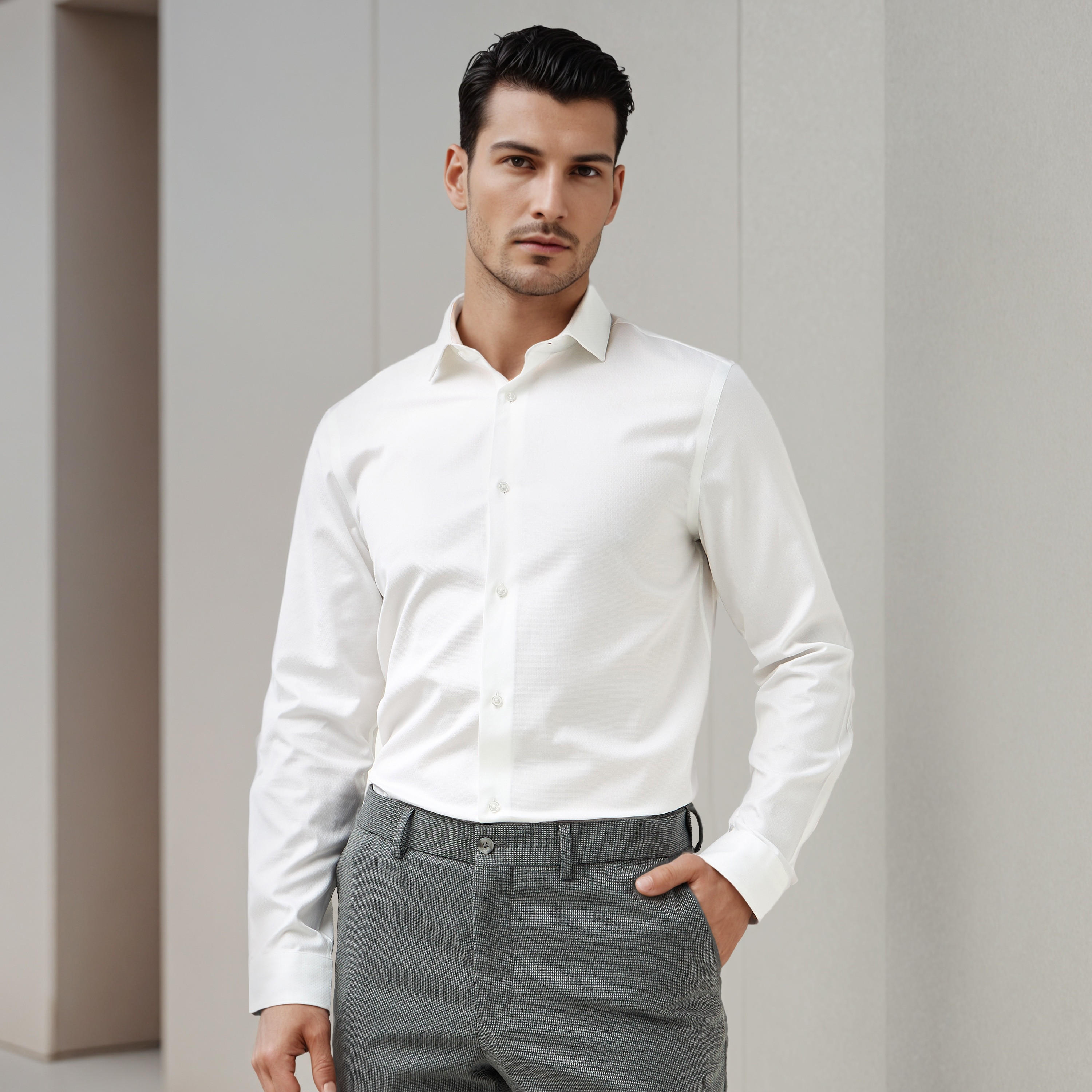 قميص دوبي بقصة ضيقة وياقة-men-clothing-shirts-image-1
