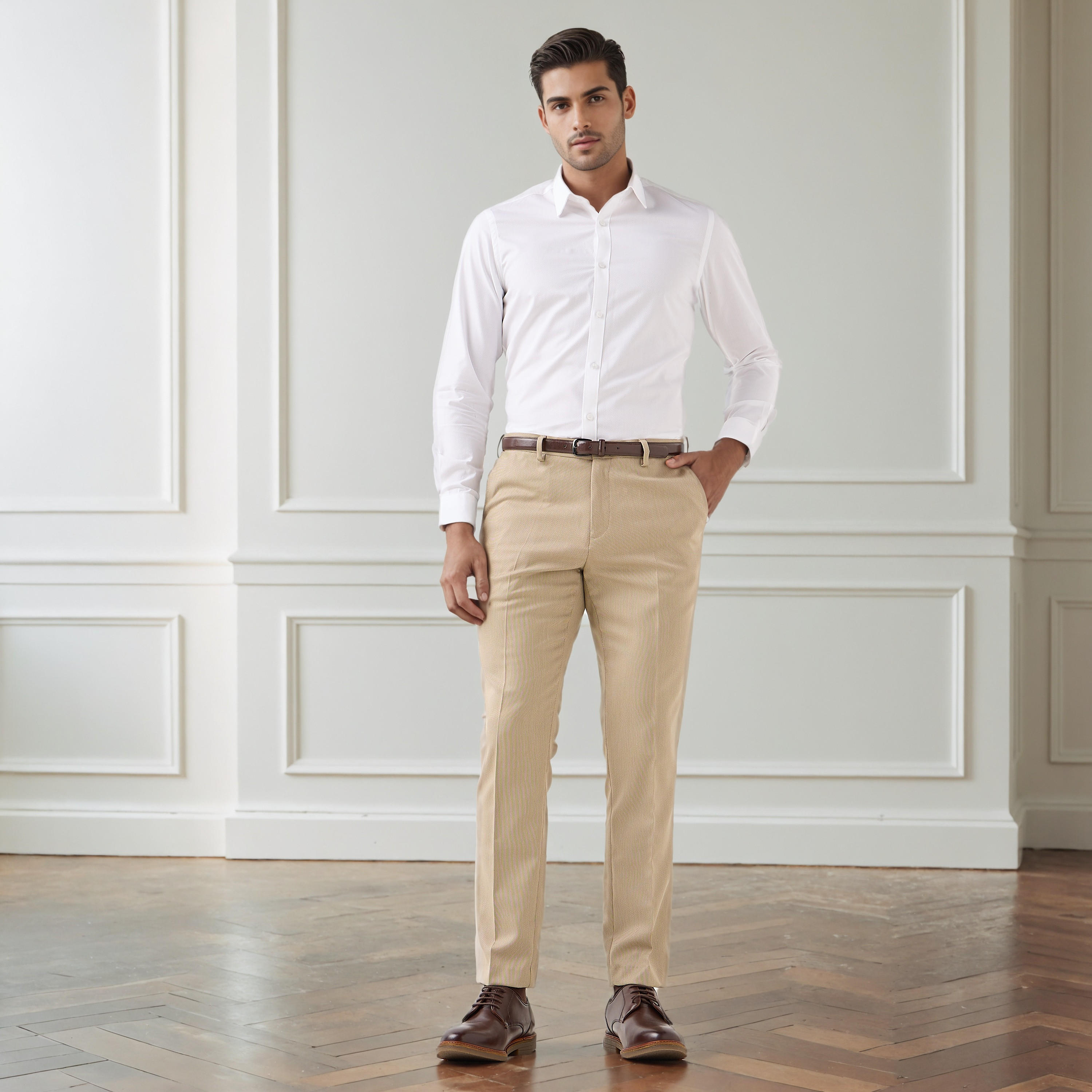 بنطلون رسمي بقصّة سليم وخصر مرن وحزام للرجال-men-clothing-bottoms-trousersandchinos-trousers-image-2