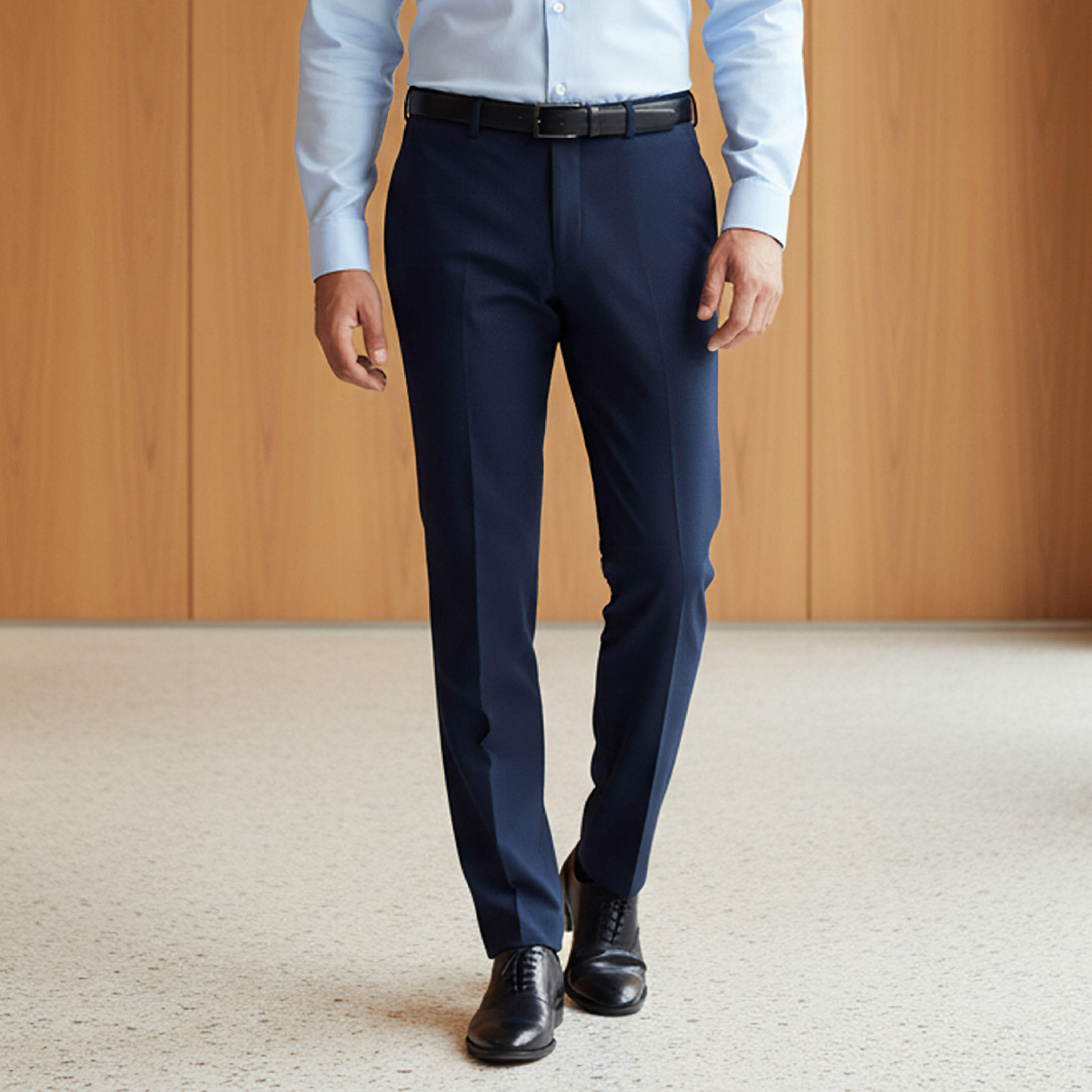 Men Slim Fit Flexi Waist Belted Formal Trousers-men-clothing-bottoms-trousersandchinos-trousers-image-1