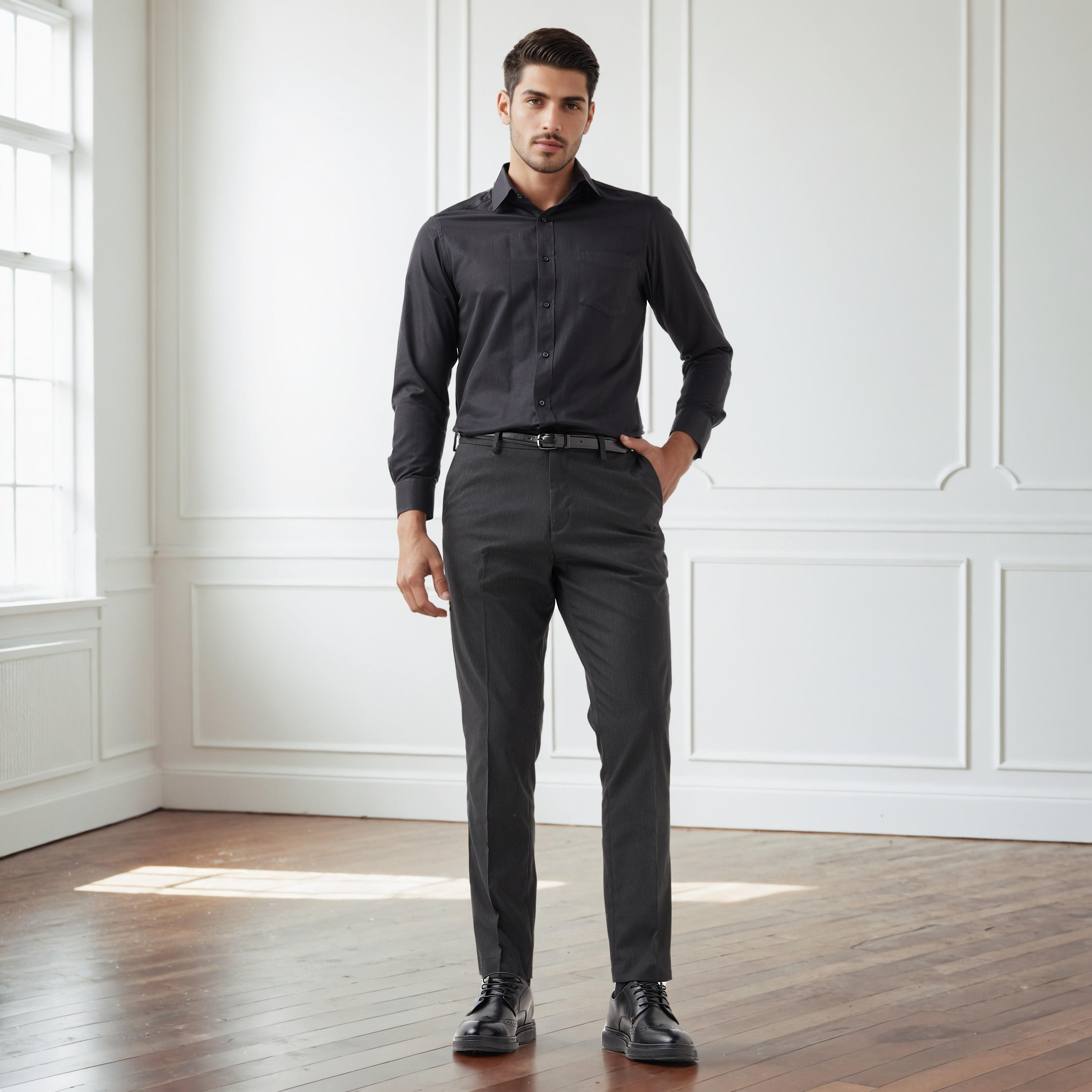 Men Slim Fit Flexi Waist Belted Formal Trousers-men-clothing-bottoms-trousersandchinos-trousers-image-2