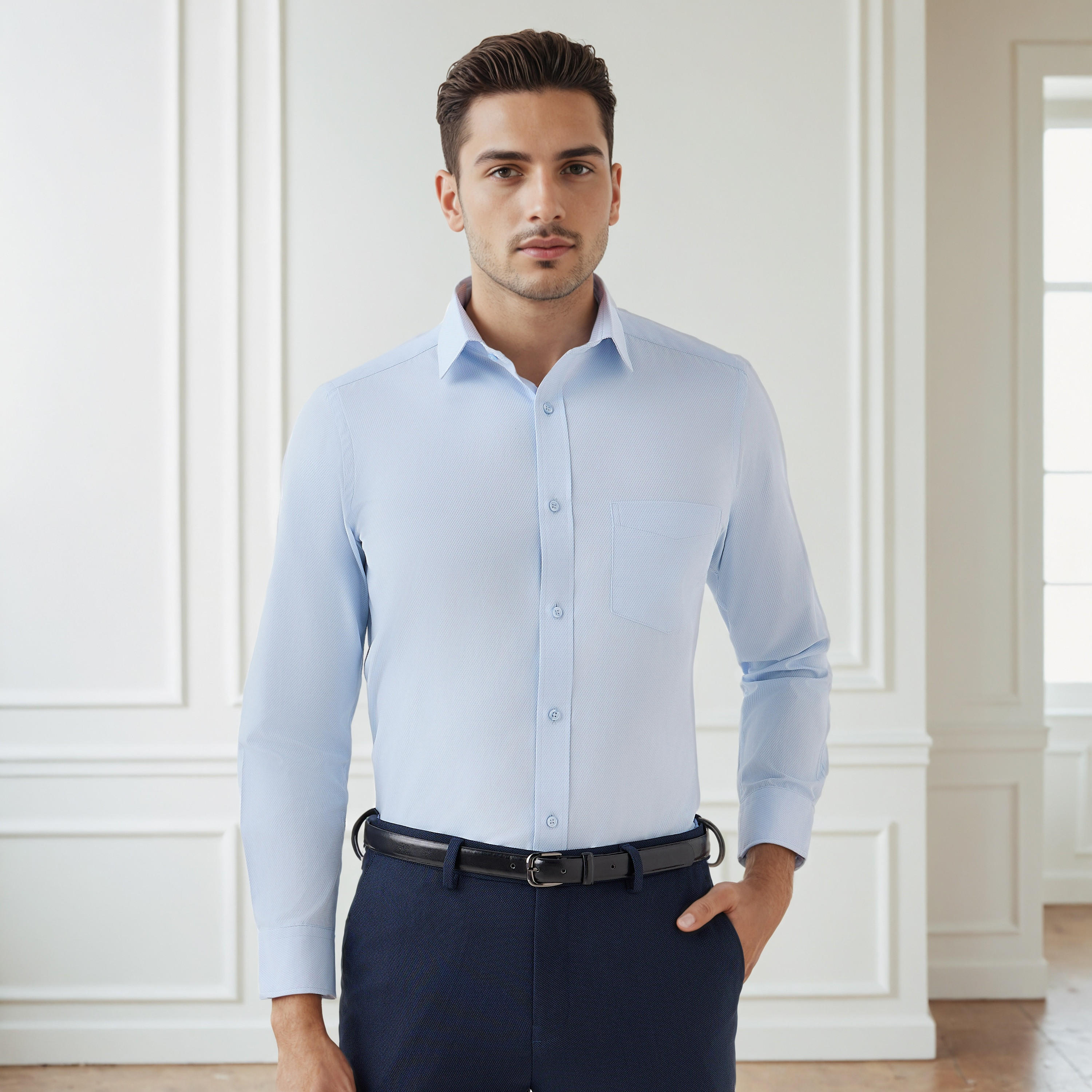 Men Regular Fit Collared Dobby Textured Long Sleeves Shirt-men-clothing-shirts-image-1