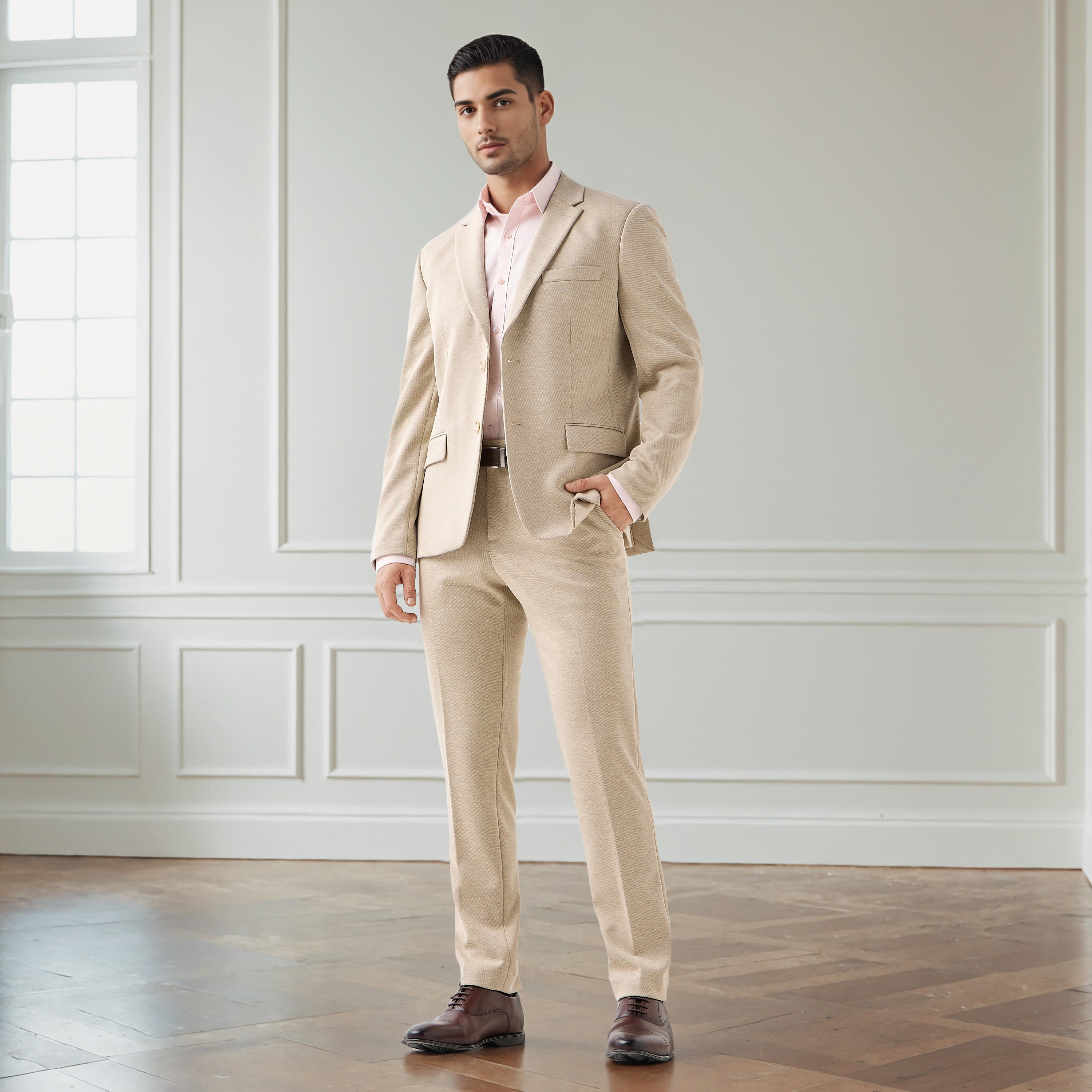 بنطلون رسمي تويل بقصة ضيقة وخصر مرن وملمس بارز-men-clothing-bottoms-trousersandchinos-trousers-image-2