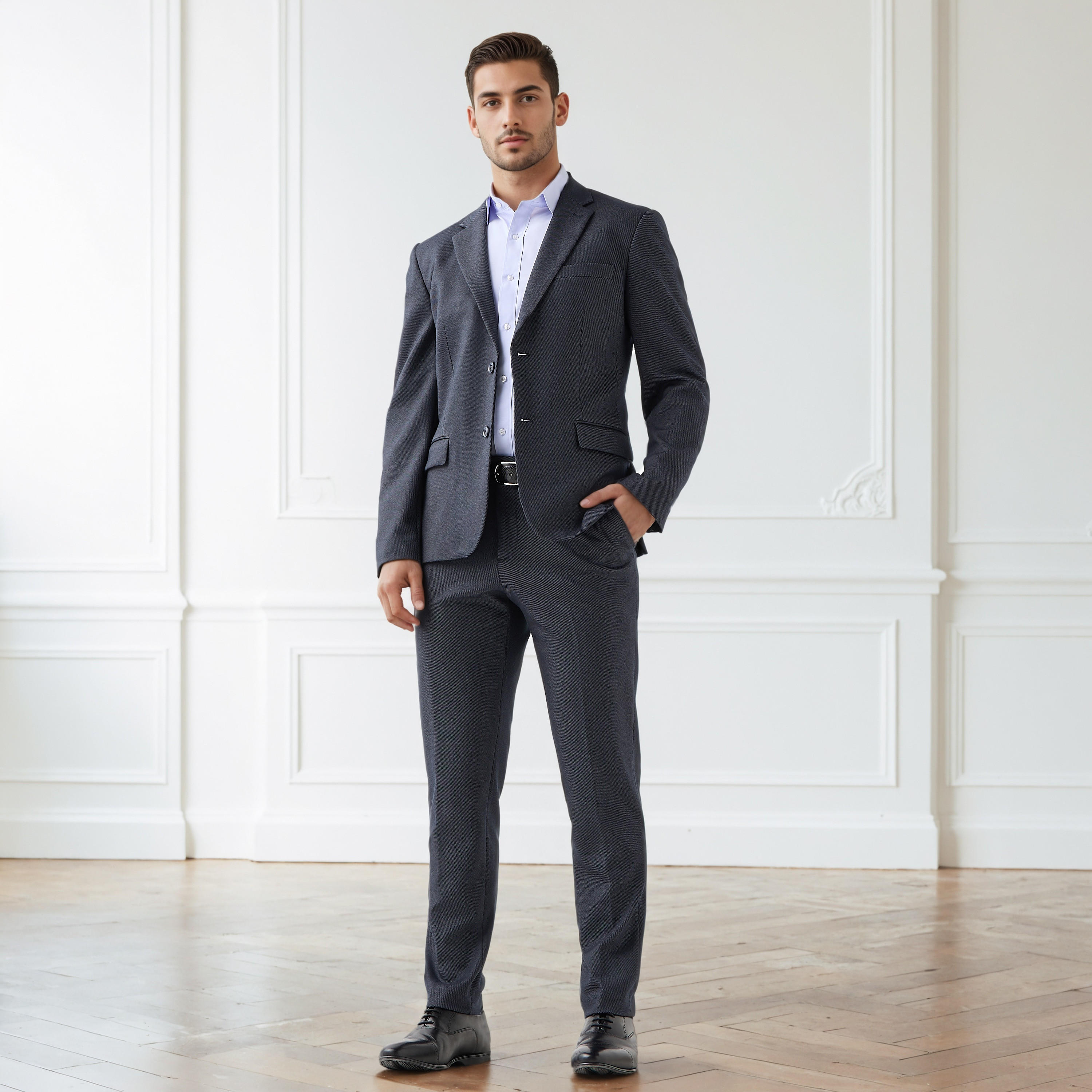بنطلون رسمي تويل بقصة ضيقة وخصر مرن وملمس بارز-men-clothing-bottoms-trousersandchinos-trousers-image-2