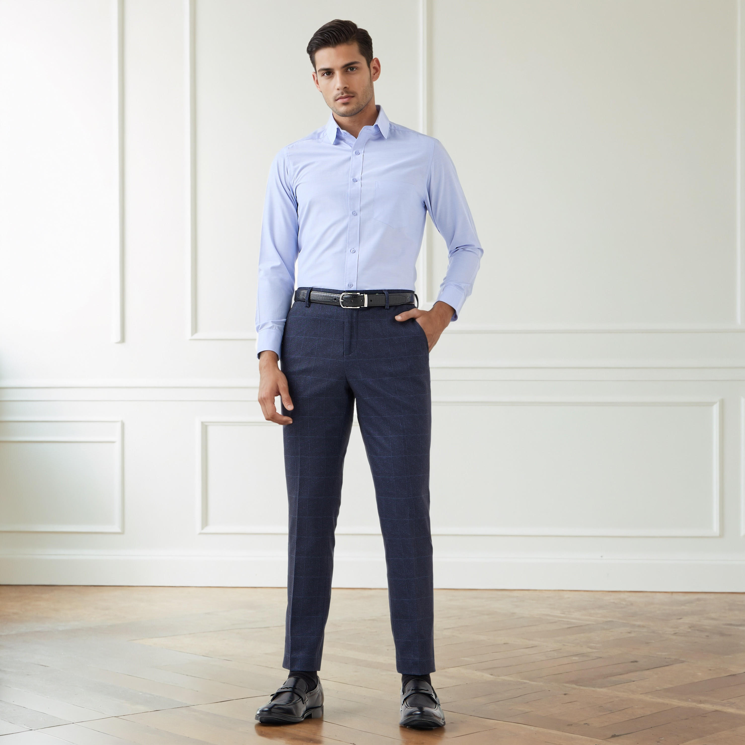 بنطلون رسمي رجالي من مزيج البوليستر بقصّة سليم وخصر مطاطي-men-clothing-bottoms-trousersandchinos-trousers-image-2