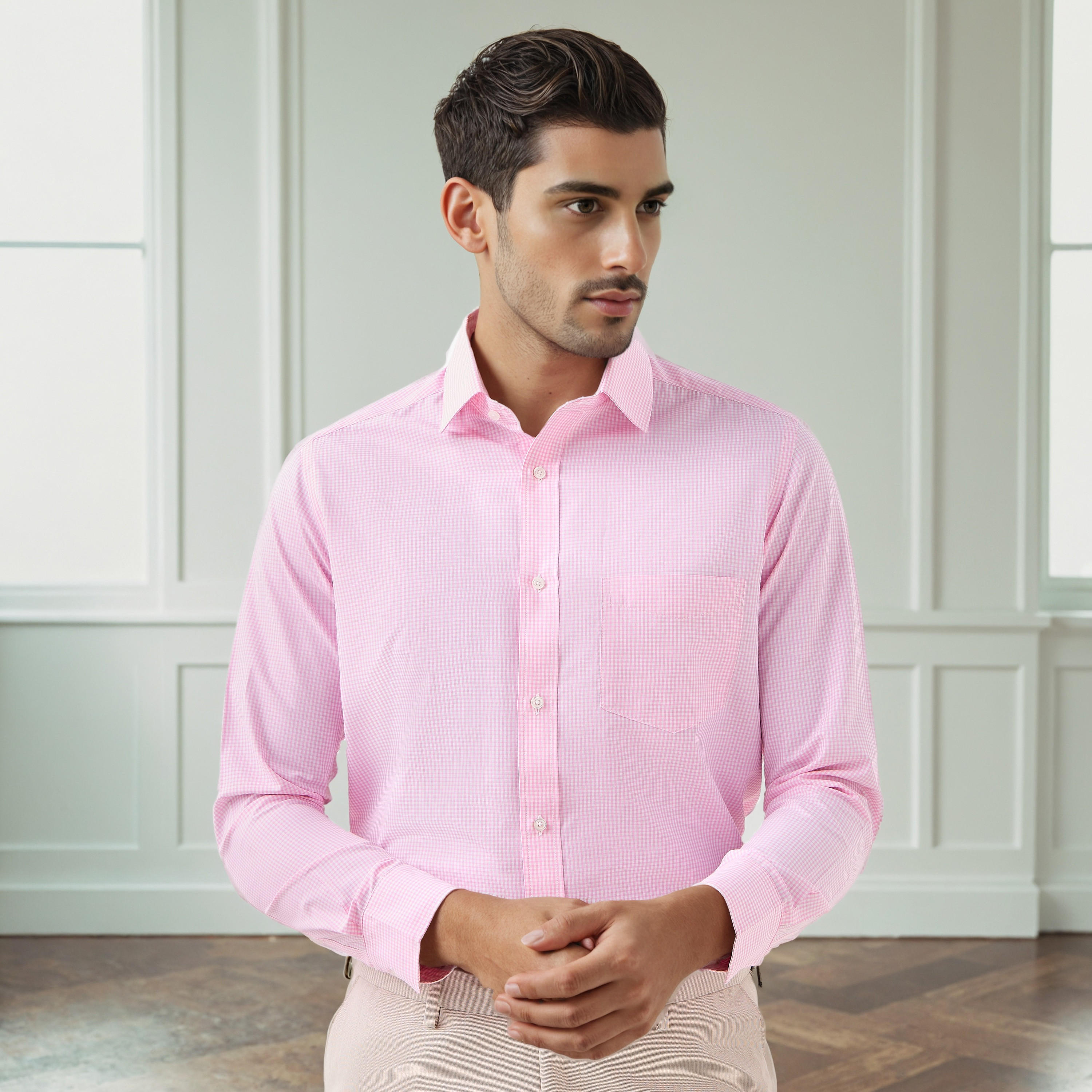 قميص كاروهات بقصة عادية وياقة وأكمام طويلة للرجال-men-clothing-shirts-image-1