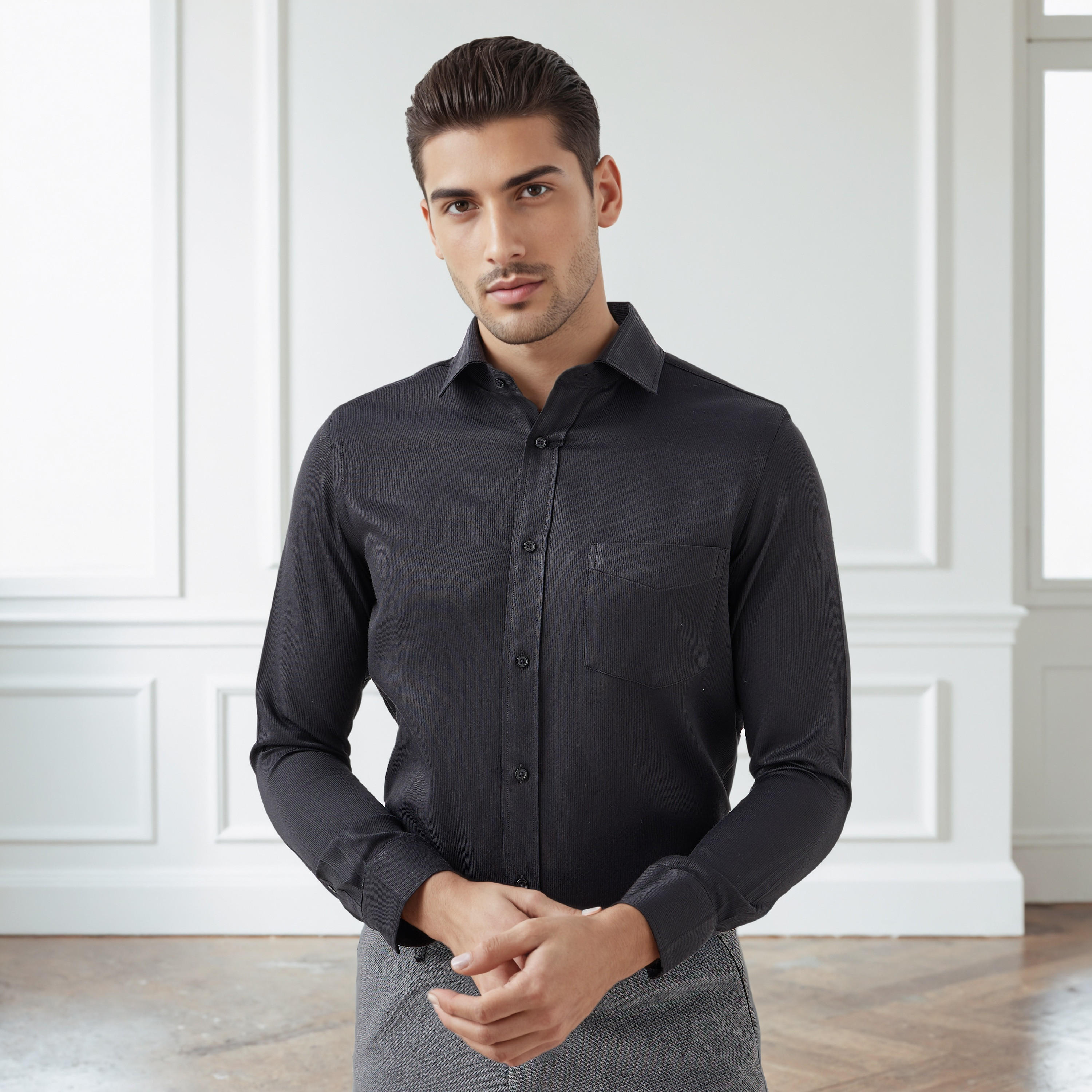Men Regular Fit Collared Textured Long Sleeves Shirt-men-clothing-shirts-image-1