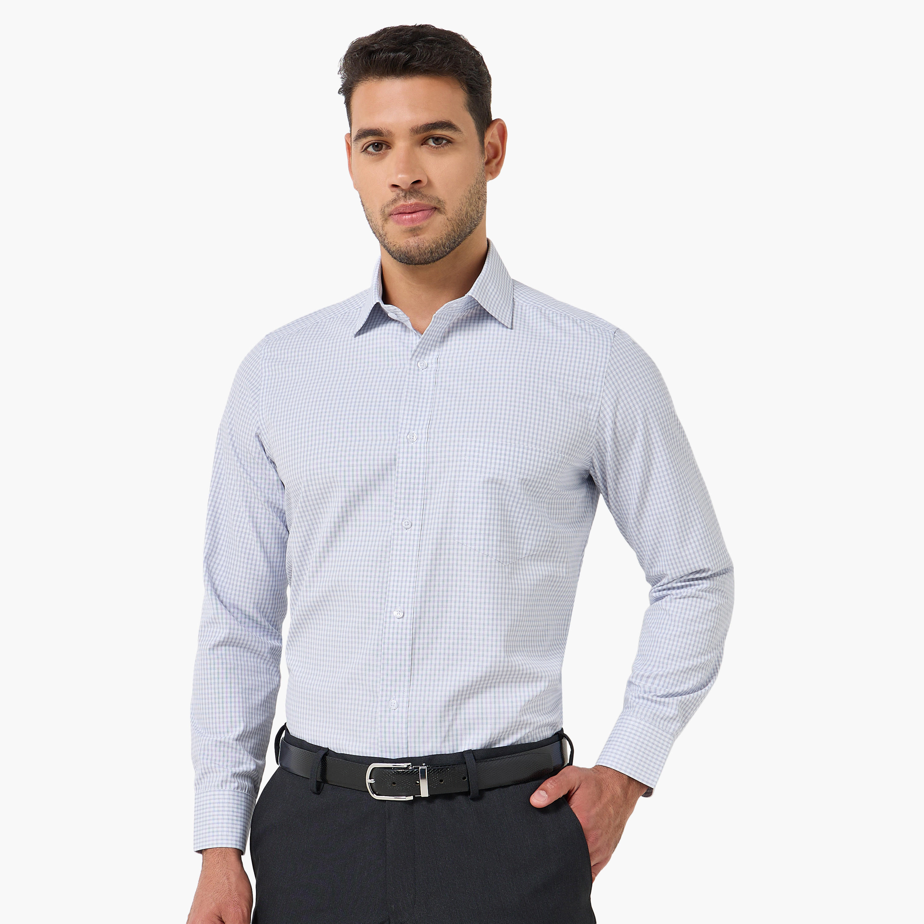 قميص كاروهات بياقة وقصة عادية وأكمام طويلة للرجال-men-clothing-shirts-image-5