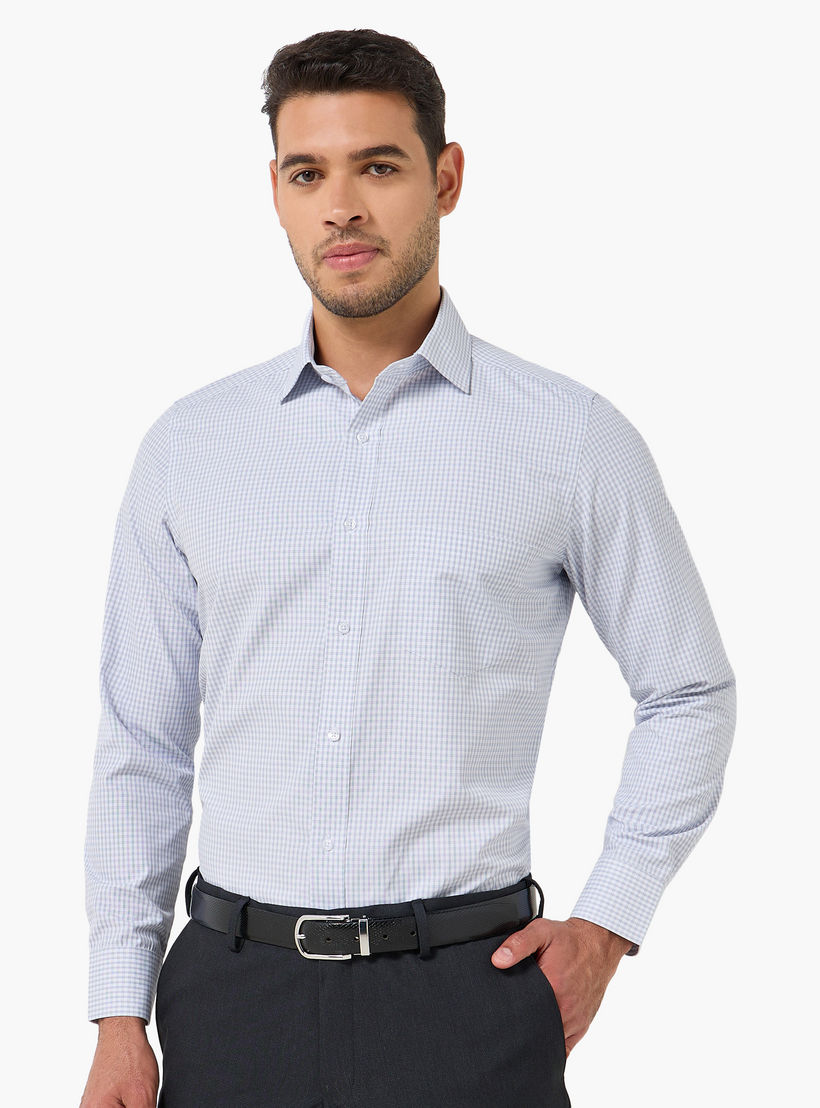 قميص كاروهات بياقة وقصة عادية وأكمام طويلة للرجال-men-clothing-shirts-image-5
