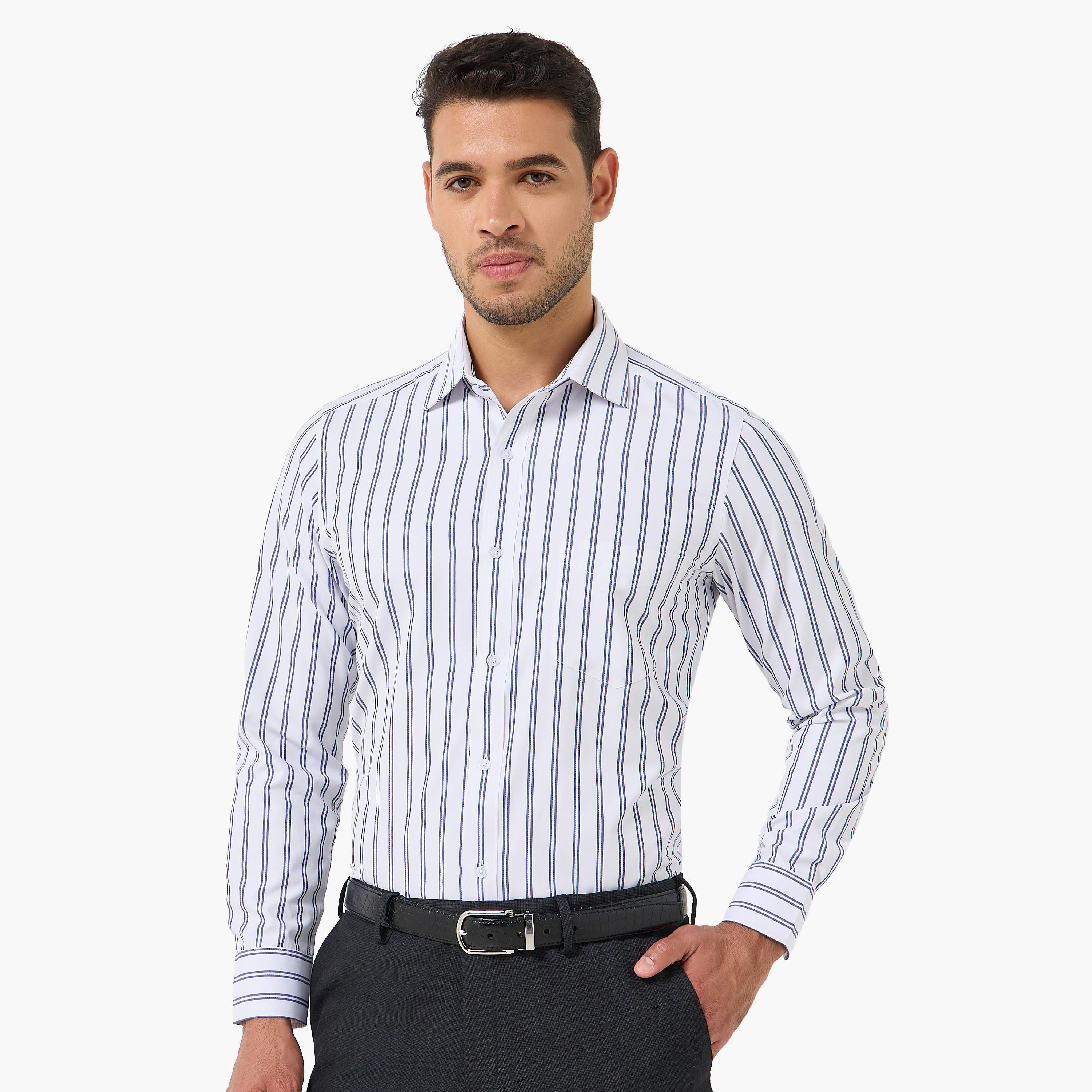 قميص مخطط بياقة عادية وأكمام طويلة للرجال-men-clothing-shirts-image-2