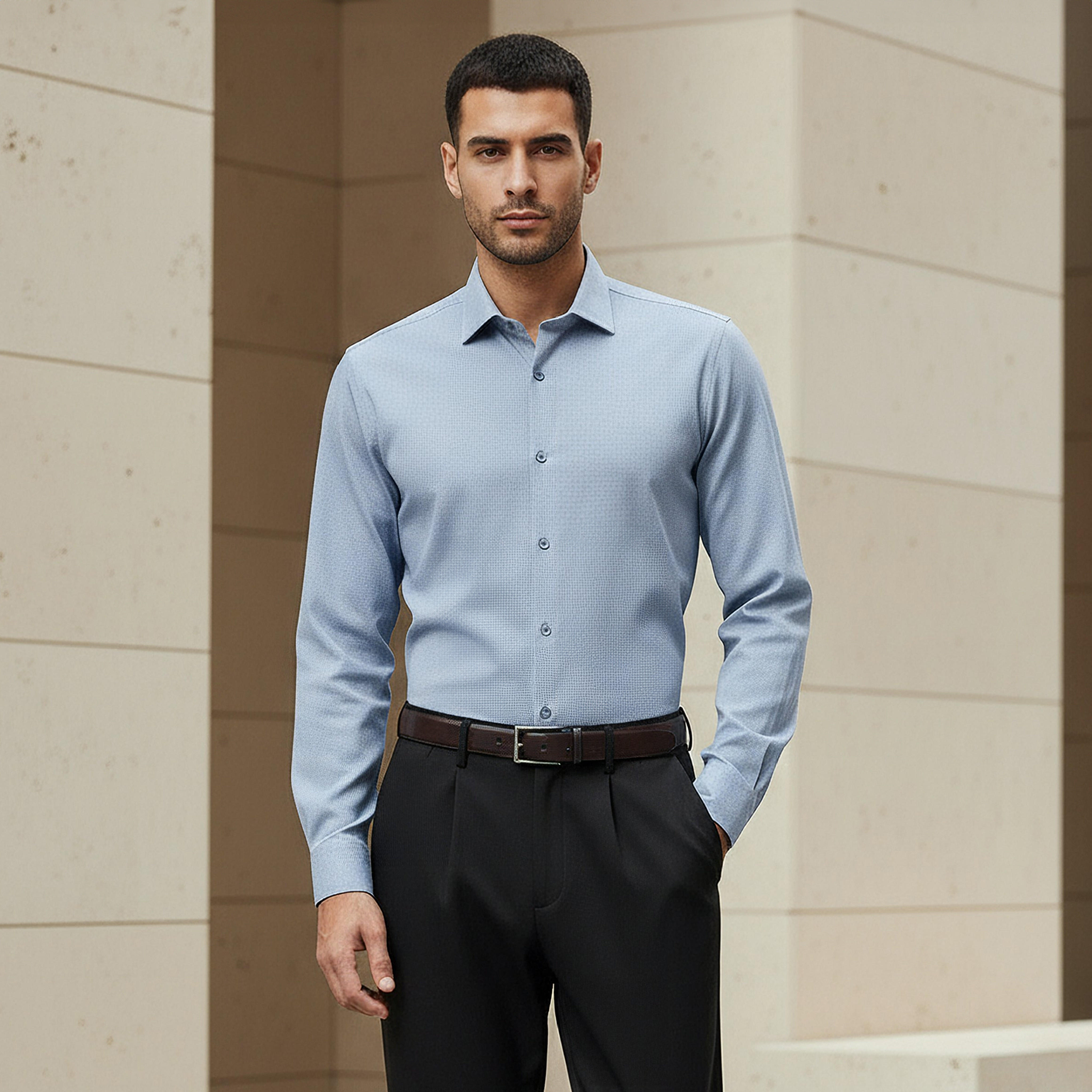 قميص بارز الملمس بقصة عادية وياقة وأكمام طويلة للرجال-men-clothing-shirts-image-6