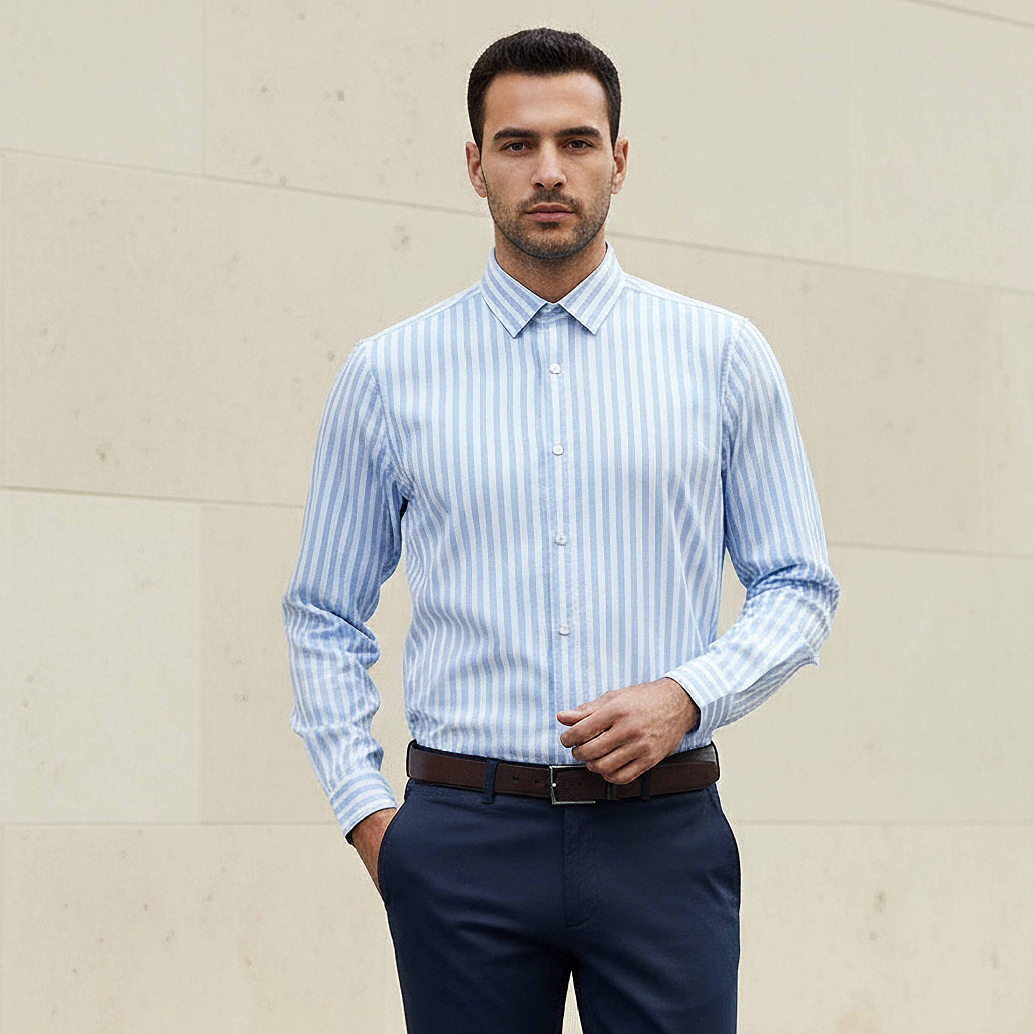 قميص مخطط بقصة عادية وأكمام طويلة للرجال-men-clothing-shirts-image-1