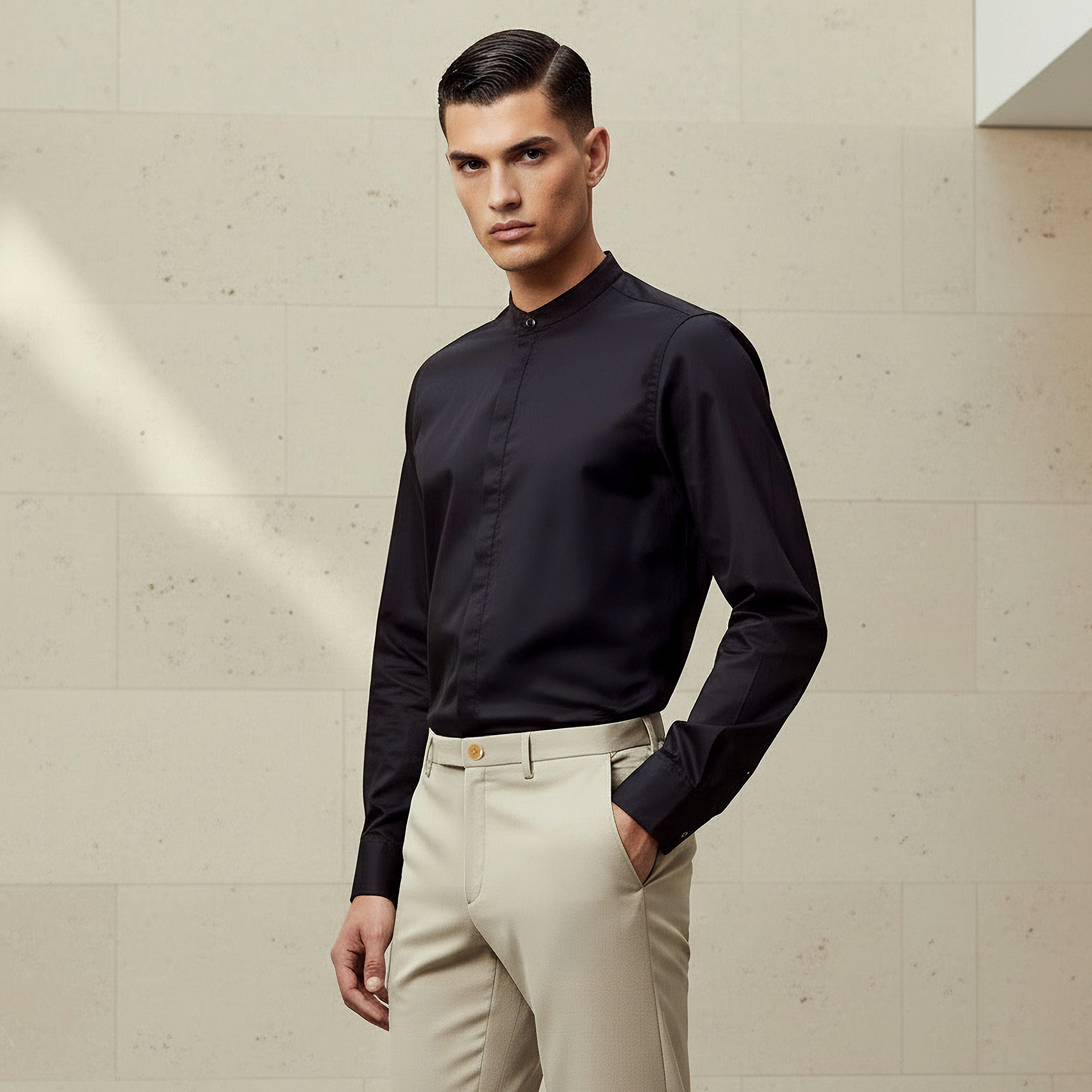 Men Regular Fit Mandarin Collar Long Sleeves Shirt-men-clothing-shirts-image-1