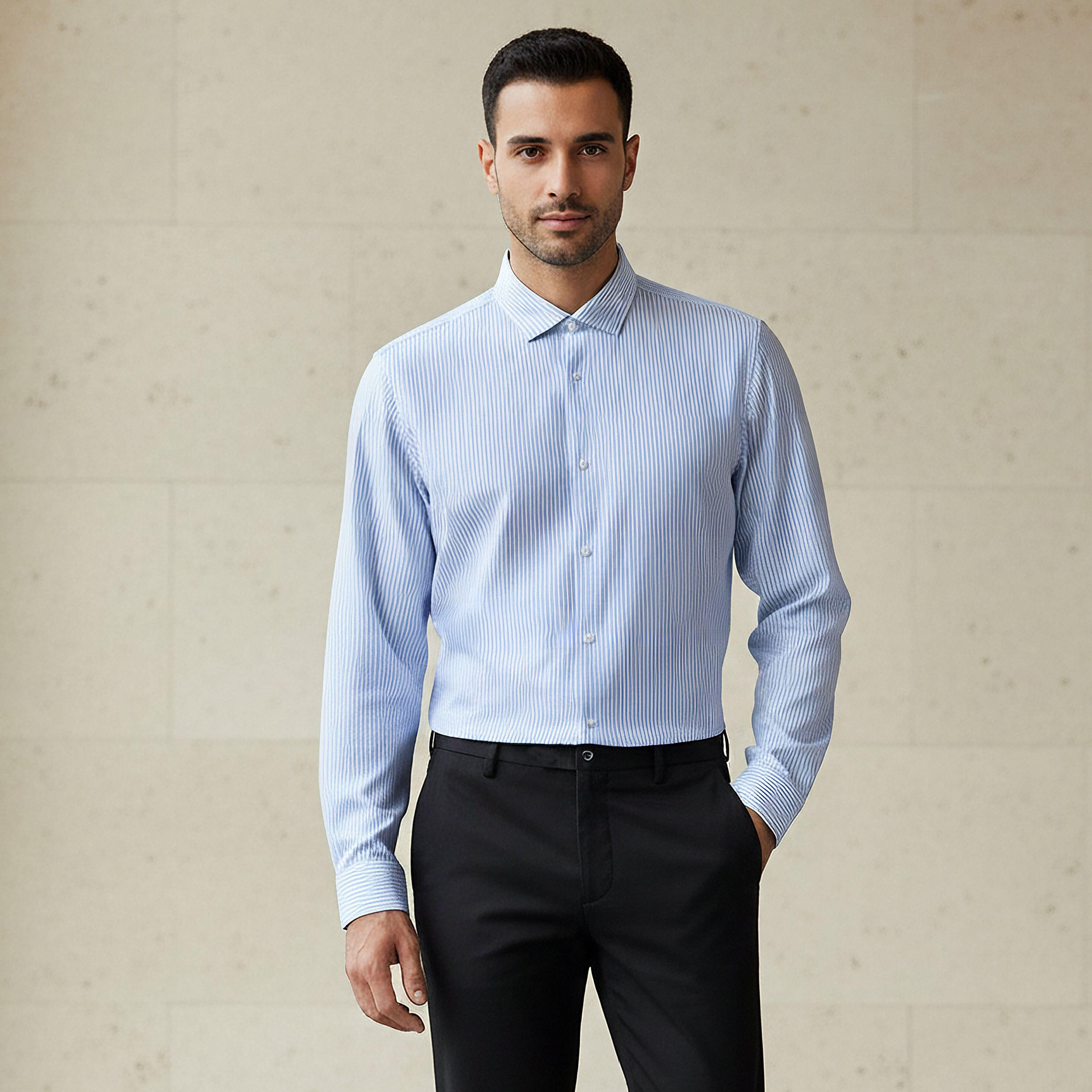 قميص مخطط بياقة عادية وقصة سليم وأكمام طويلة للرجال-men-clothing-shirts-image-1