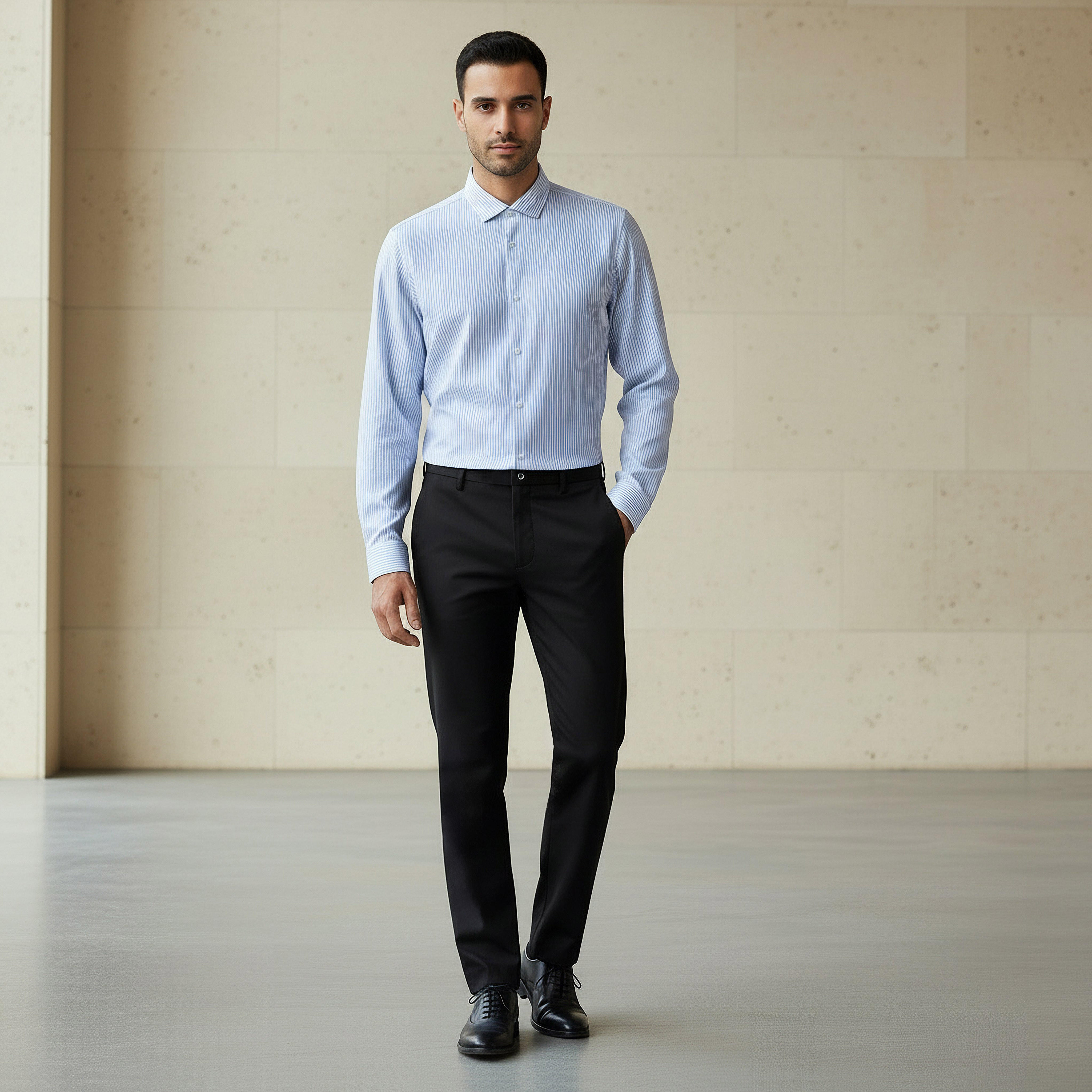 قميص مخطط بياقة عادية وقصة سليم وأكمام طويلة للرجال-men-clothing-shirts-image-2