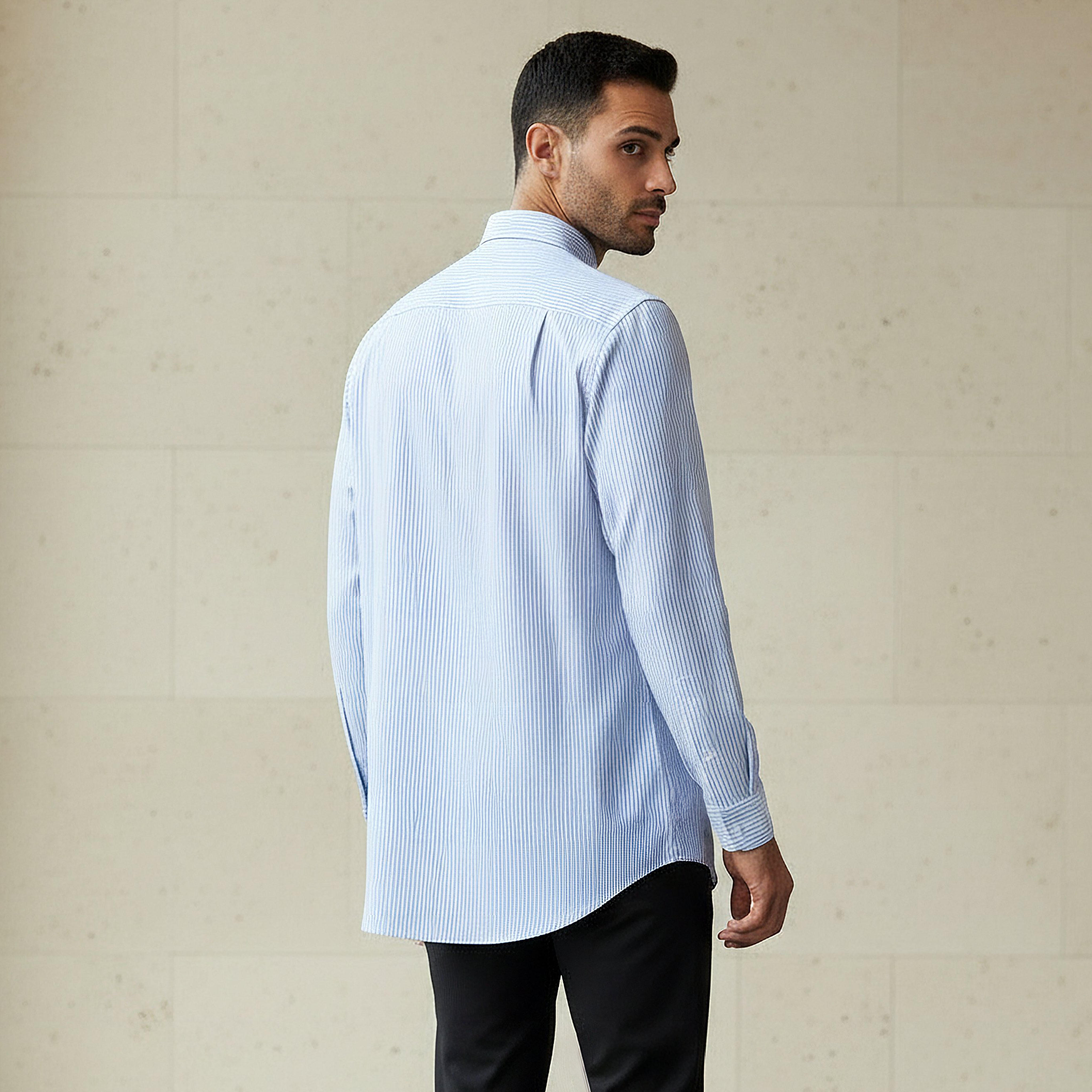 قميص مخطط بياقة عادية وقصة سليم وأكمام طويلة للرجال-men-clothing-shirts-image-3