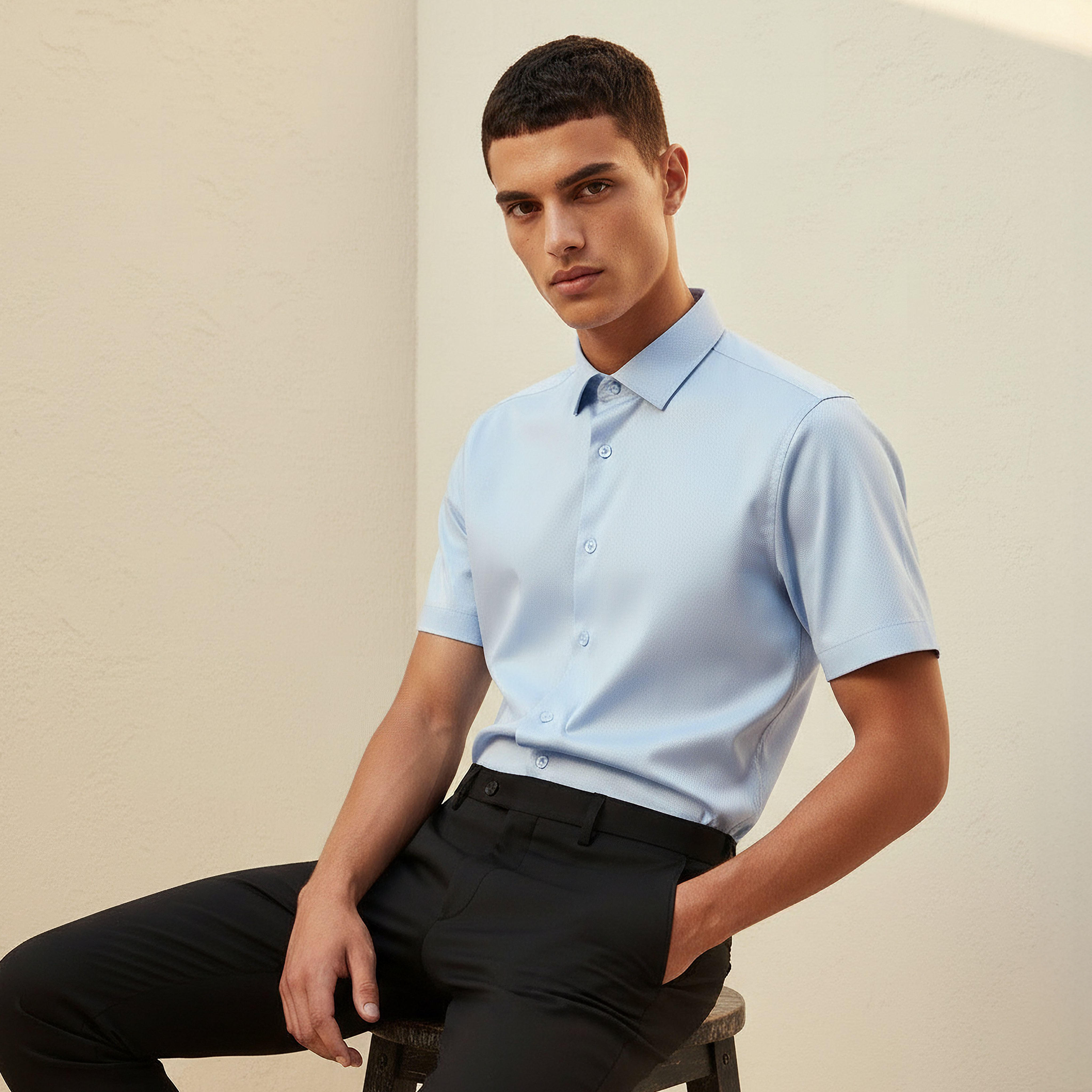 قميص بقصّة سليم وياقة عادية وأكمام قصيرة للرجال-men-clothing-shirts-image-4