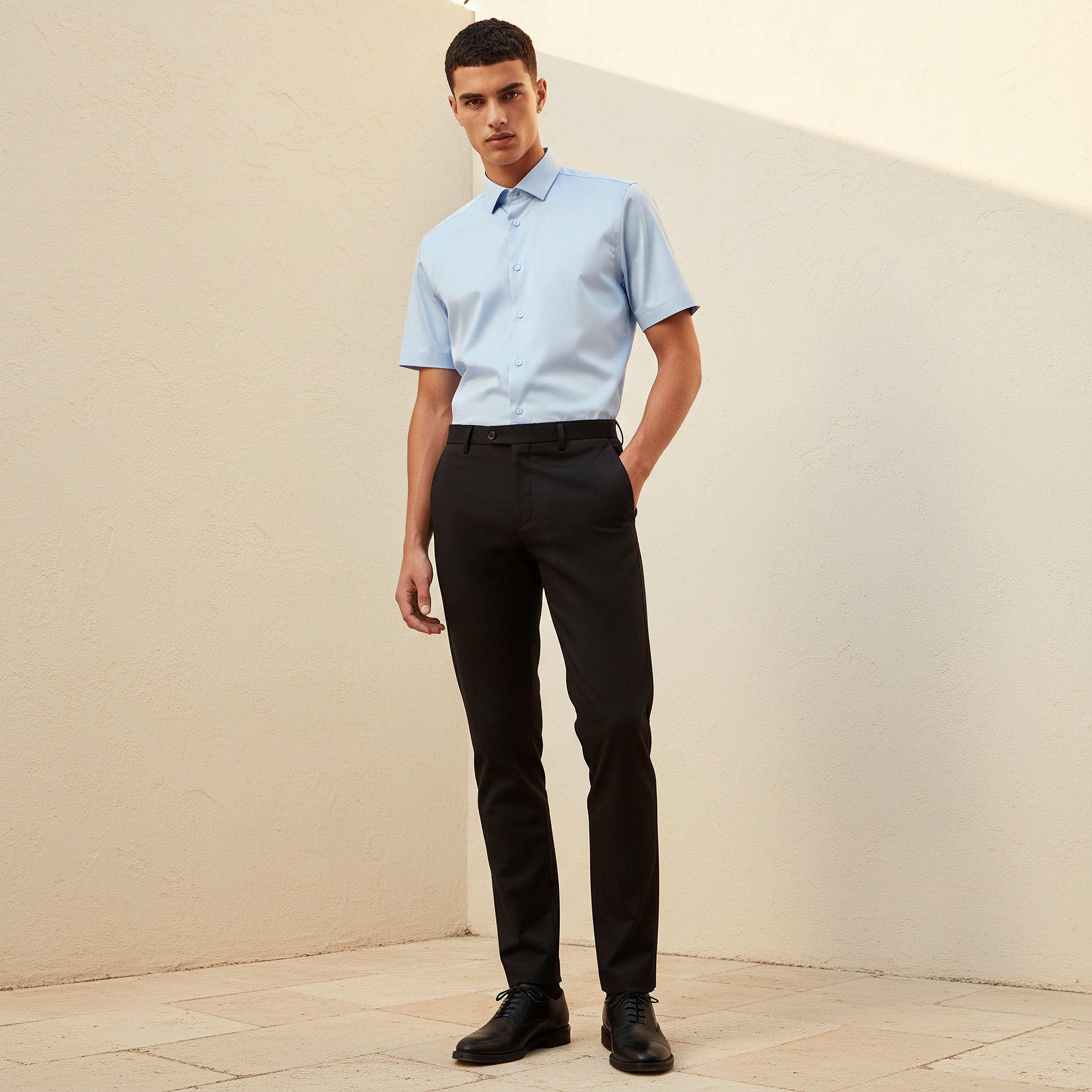 قميص بقصّة سليم وياقة عادية وأكمام قصيرة للرجال-men-clothing-shirts-image-2