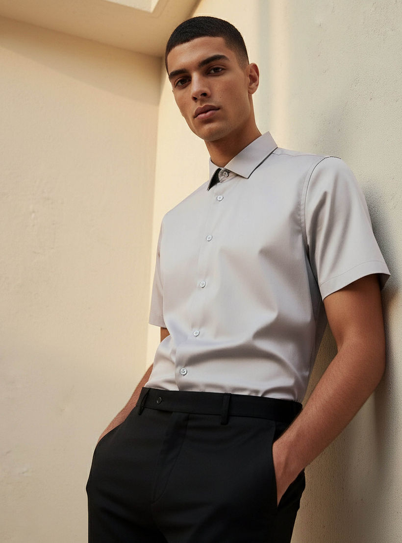 قميص بقصّة سليم وياقة عادية وأكمام قصيرة للرجال-men-clothing-shirts-image-1