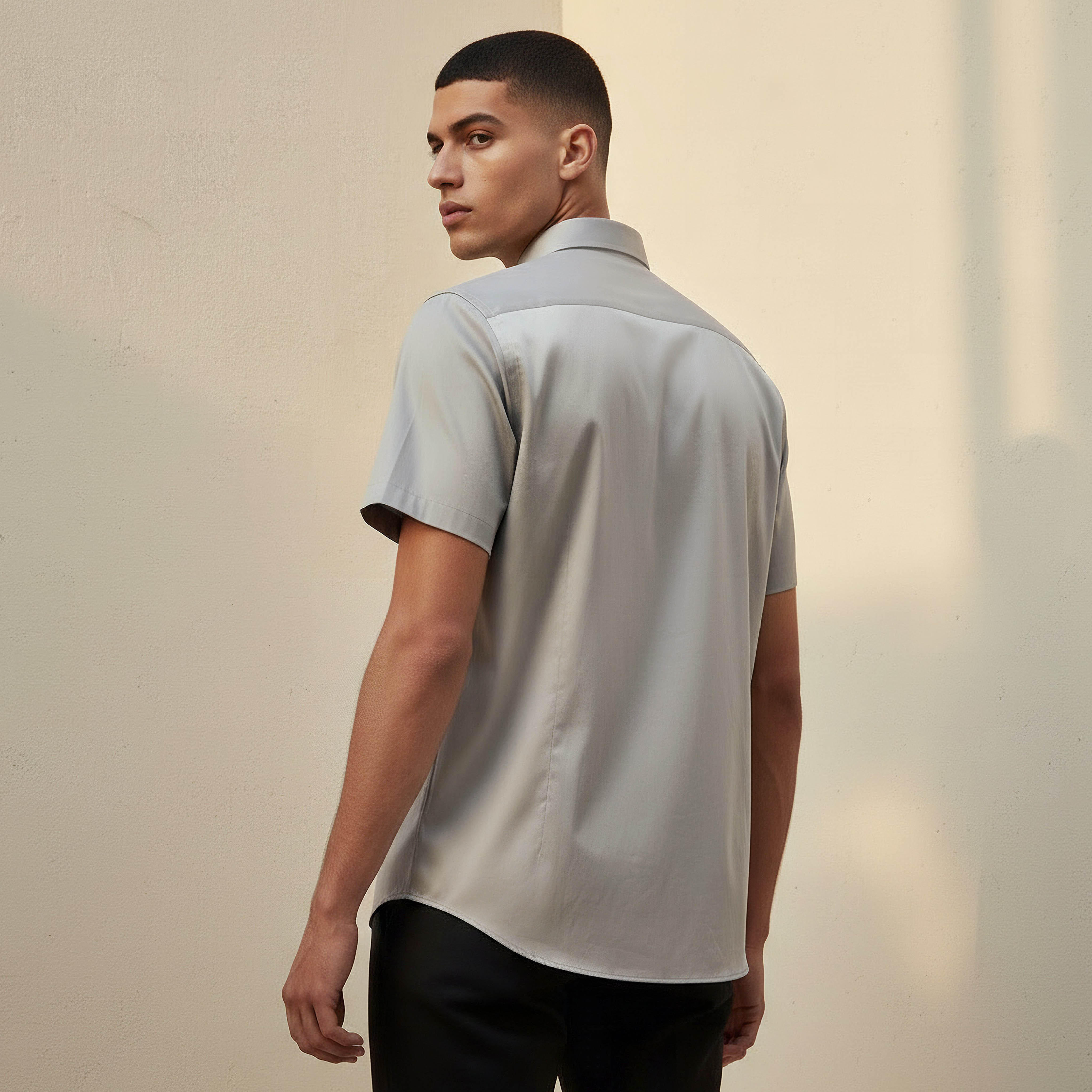 قميص بقصّة سليم وياقة عادية وأكمام قصيرة للرجال-men-clothing-shirts-image-3