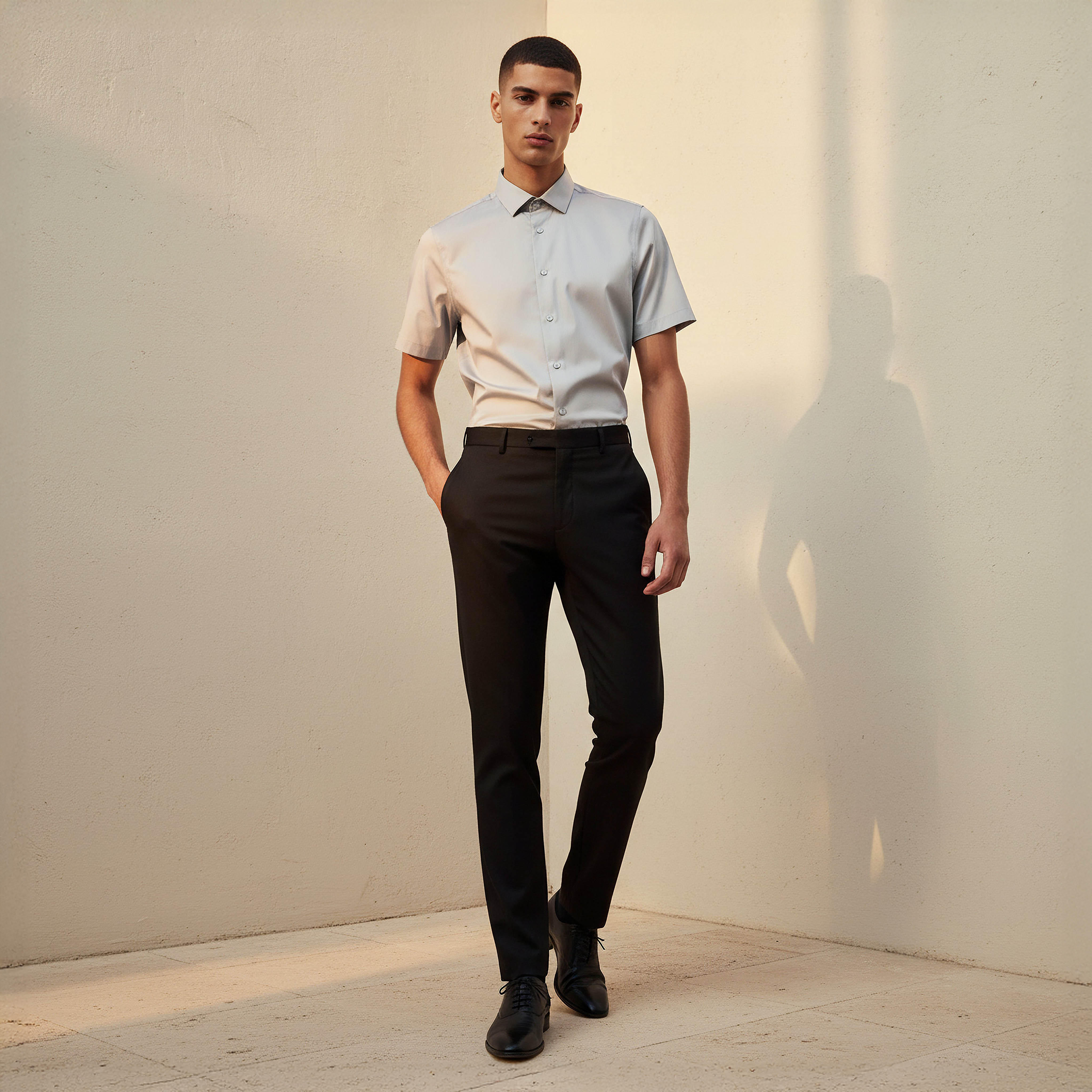 قميص بقصّة سليم وياقة عادية وأكمام قصيرة للرجال-men-clothing-shirts-image-4