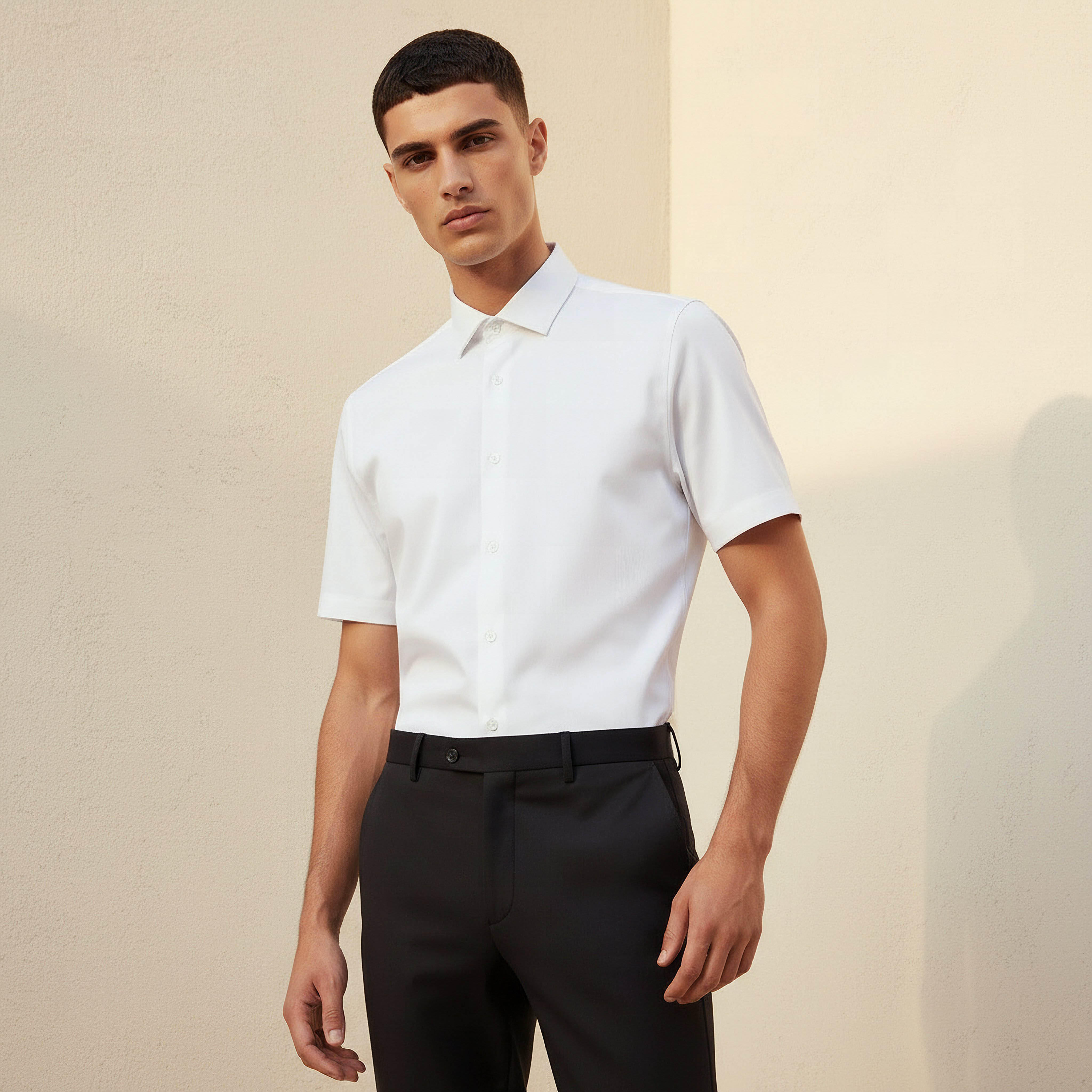 قميص بقصّة سليم وياقة عادية وأكمام قصيرة للرجال-men-clothing-shirts-image-1