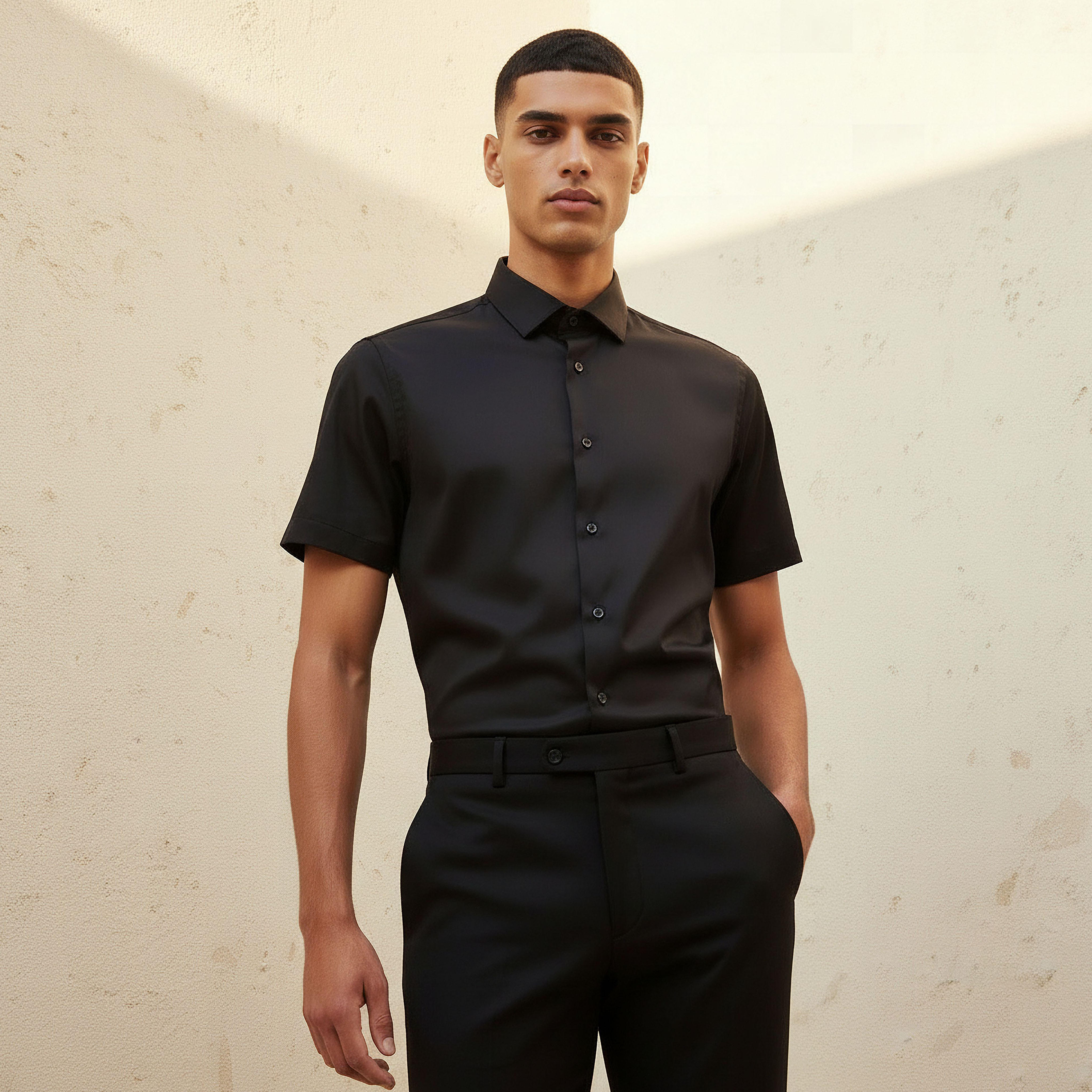 قميص بقصّة سليم وياقة عادية وأكمام قصيرة للرجال-men-clothing-shirts-image-1
