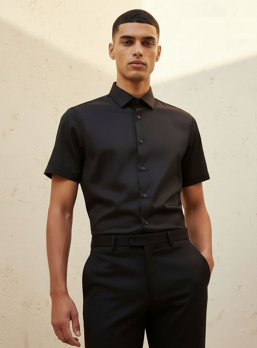قميص بقصّة سليم وياقة عادية وأكمام قصيرة للرجال-men-clothing-shirts-image-1
