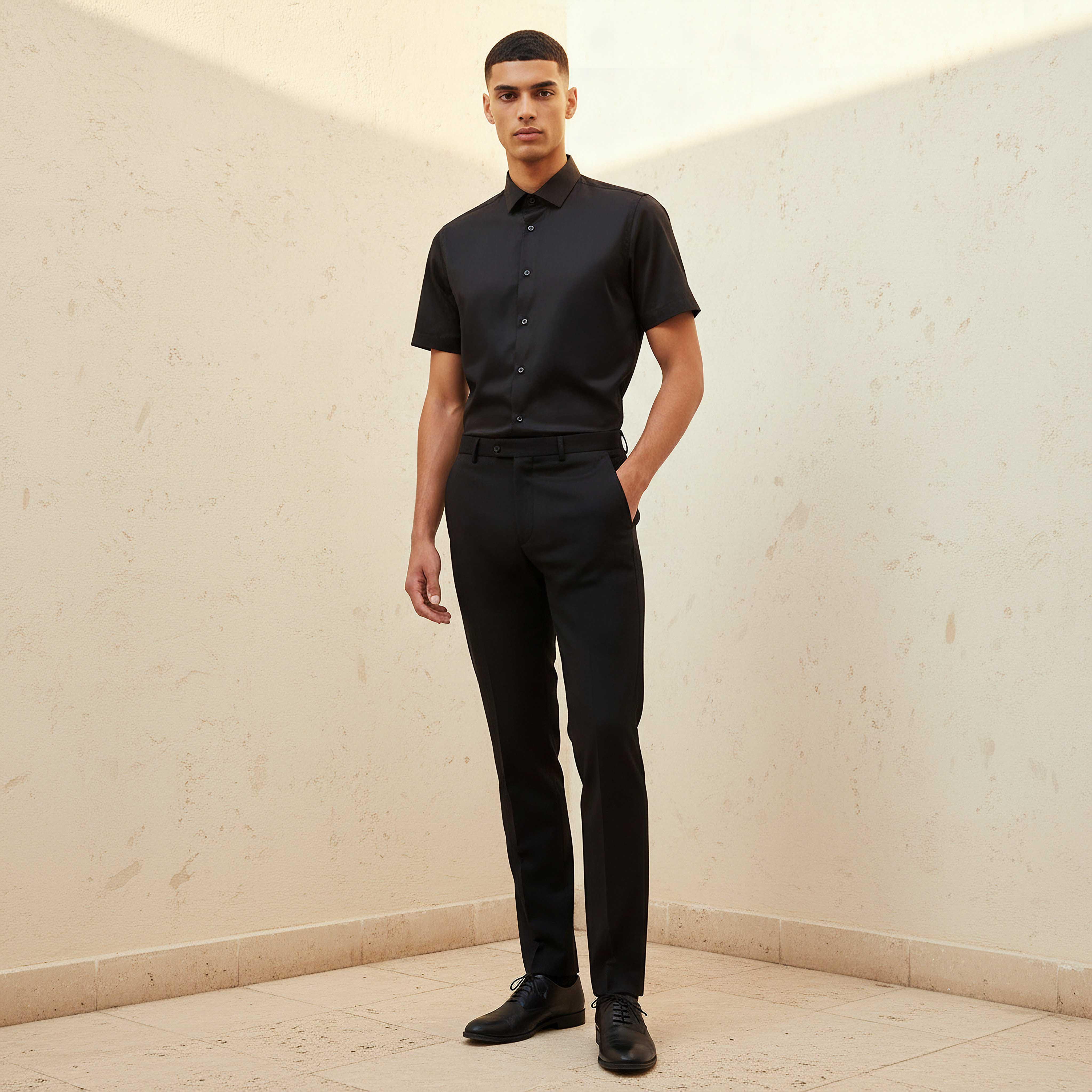 قميص بقصّة سليم وياقة عادية وأكمام قصيرة للرجال-men-clothing-shirts-image-4