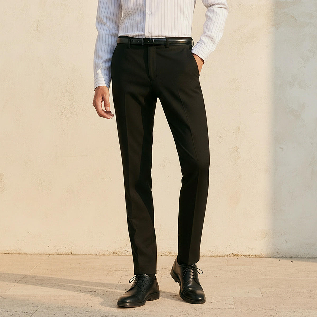 Slim Fit Belted Flexi Waist Formal Trousers-men-clothing-bottoms-trousersandchinos-trousers-image-1