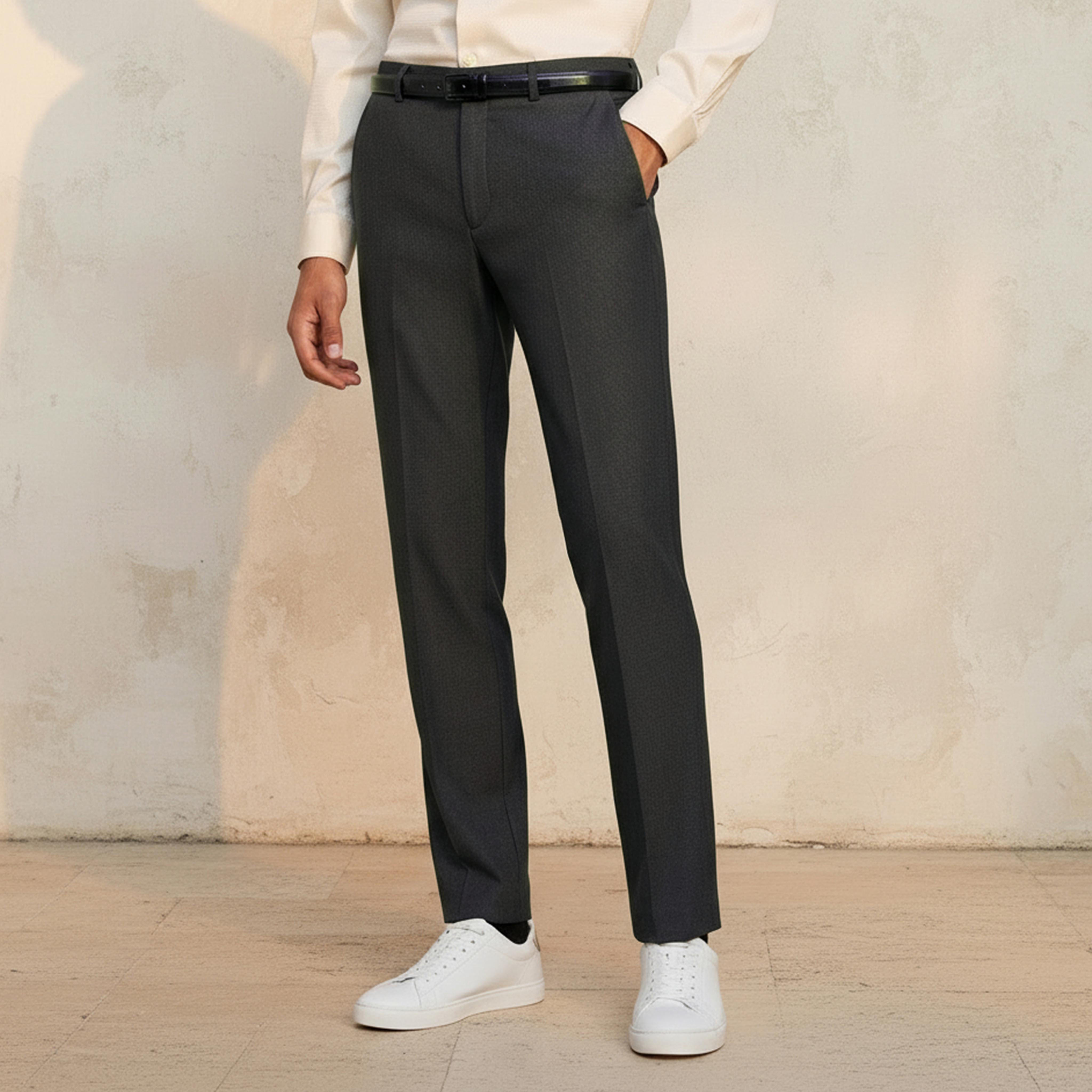 Slim Fit Belted Flexi Waist Formal Trousers-men-clothing-bottoms-trousersandchinos-trousers-image-1