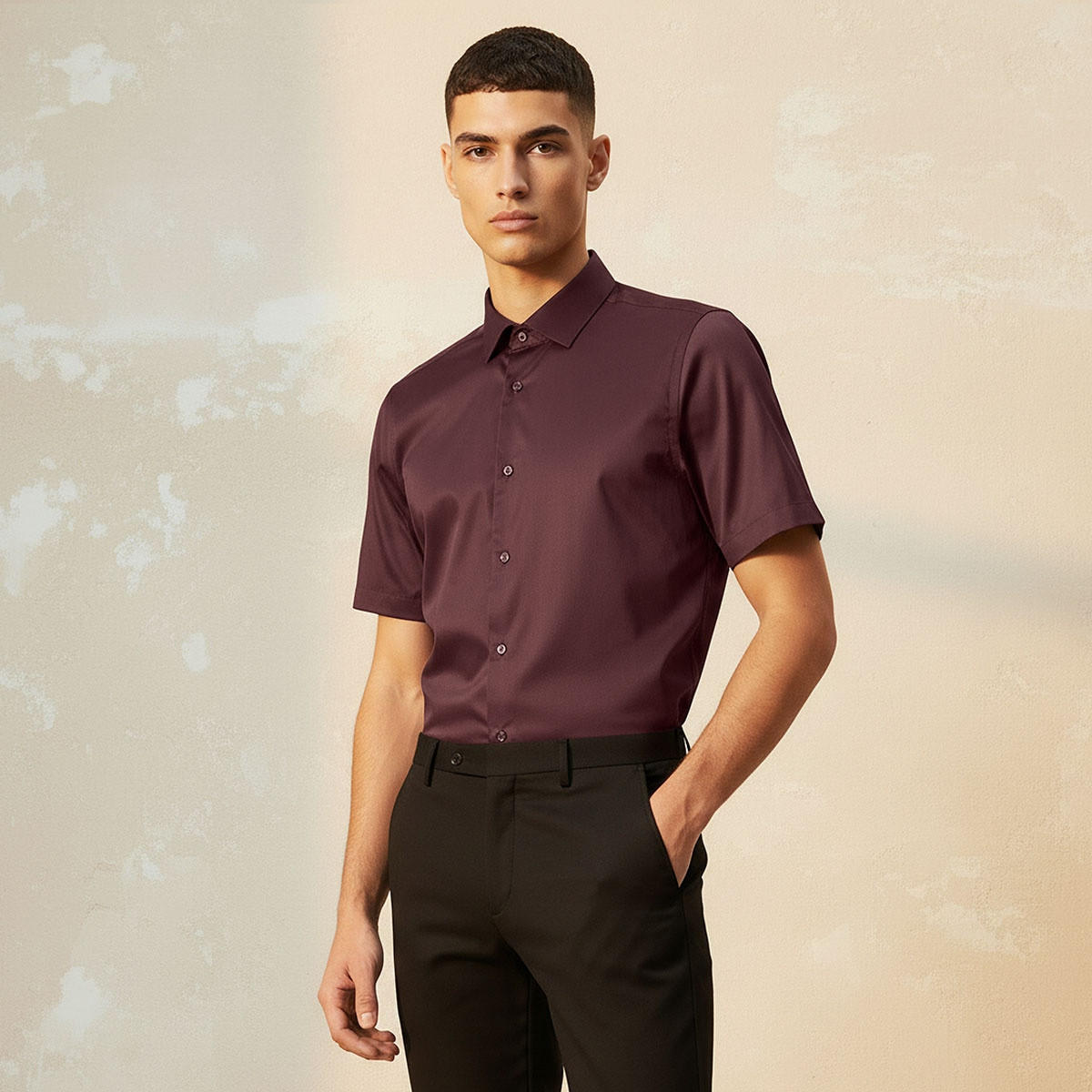 قميص بقصة سليم وياقة عادية وأكمام قصيرة-men-clothing-shirts-image-1